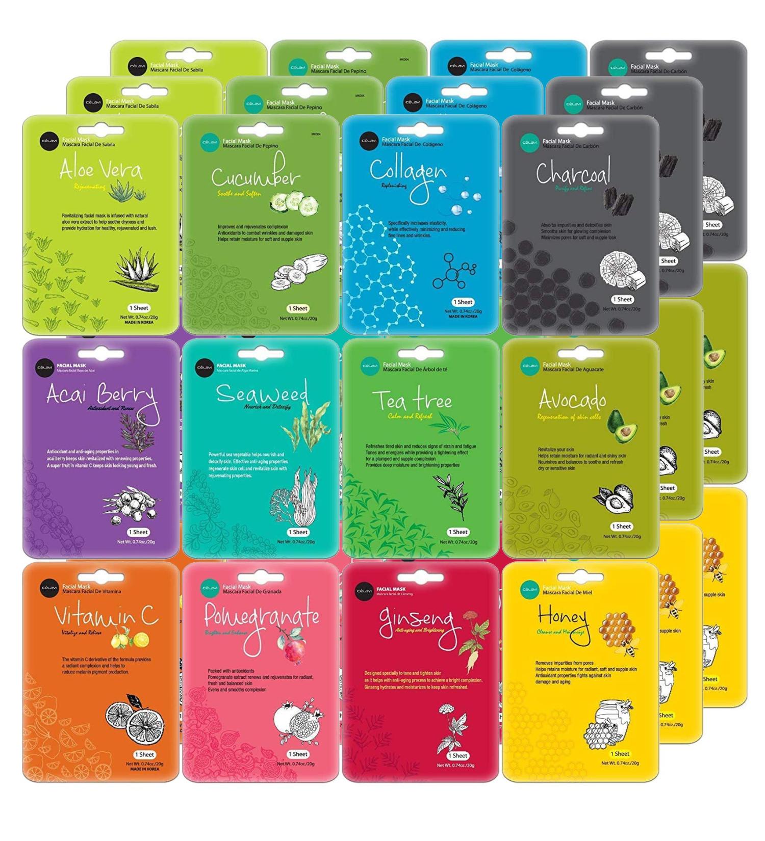 Celavi Collagen Facial Mask - Classic Korean Skincare for Moisture Tightening & Spot Reduction | 3 of 12 Flavors | 36 Masks - Made in Korea - Buy Online on SooperMarket.com