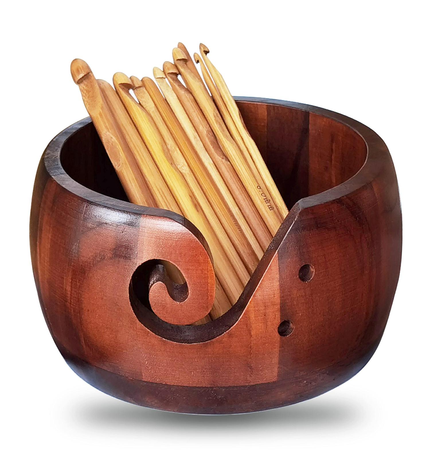 Wonderbooom Rosewood Yarn Bowl and 12 Bamboo Crochet Hooks Set - Handmade Wool Storage and Holder for Knitting - Perfect Mother's Day Gift - Buy Online on SooperMarket.com