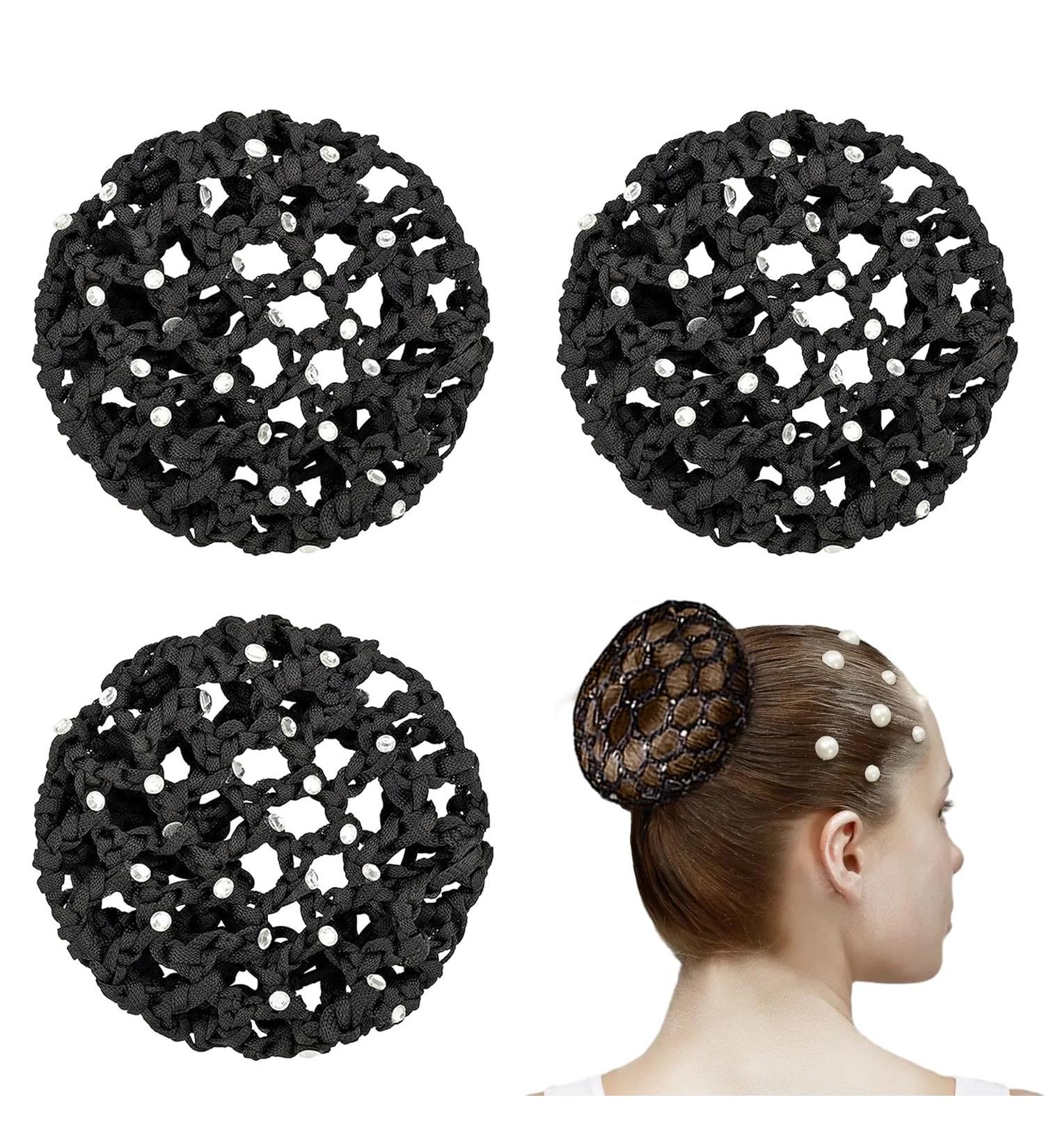 3-Piece Hair Network Crystal Bun Set | Stylish Hairstyles for Ballet Gymnastics & Sports | Black Fabric Bunting for Kids - Buy Online on SooperMarket.com