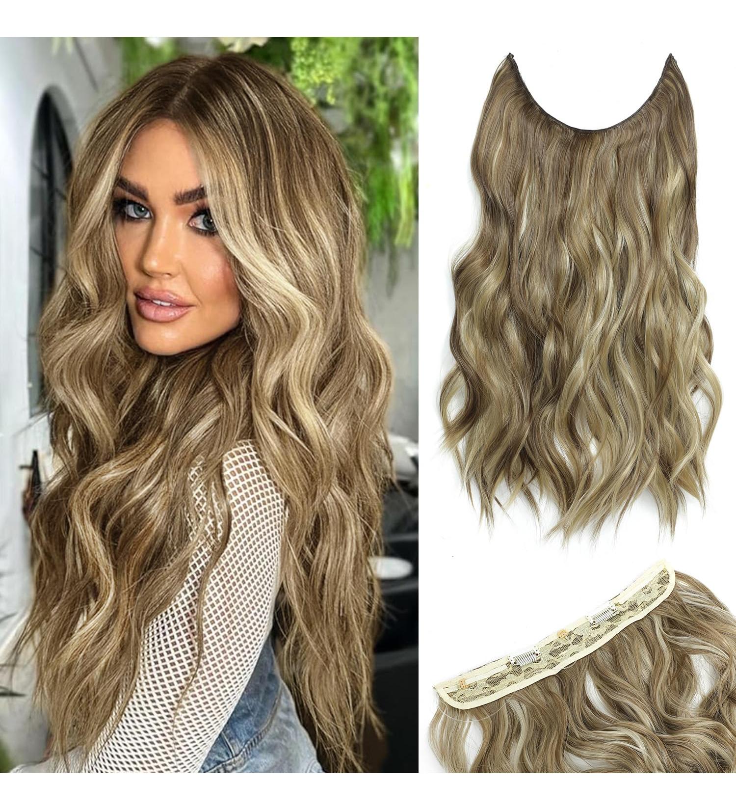 Invisible Wire Hair Extension Clip - Natural Wavy Synthetic Hair, Adjustable Size, 2 Secure Clips, Long Curly Secret Hair Piece - 20 inch Bright Bronde Highlights - Buy Online on SooperMarket.com