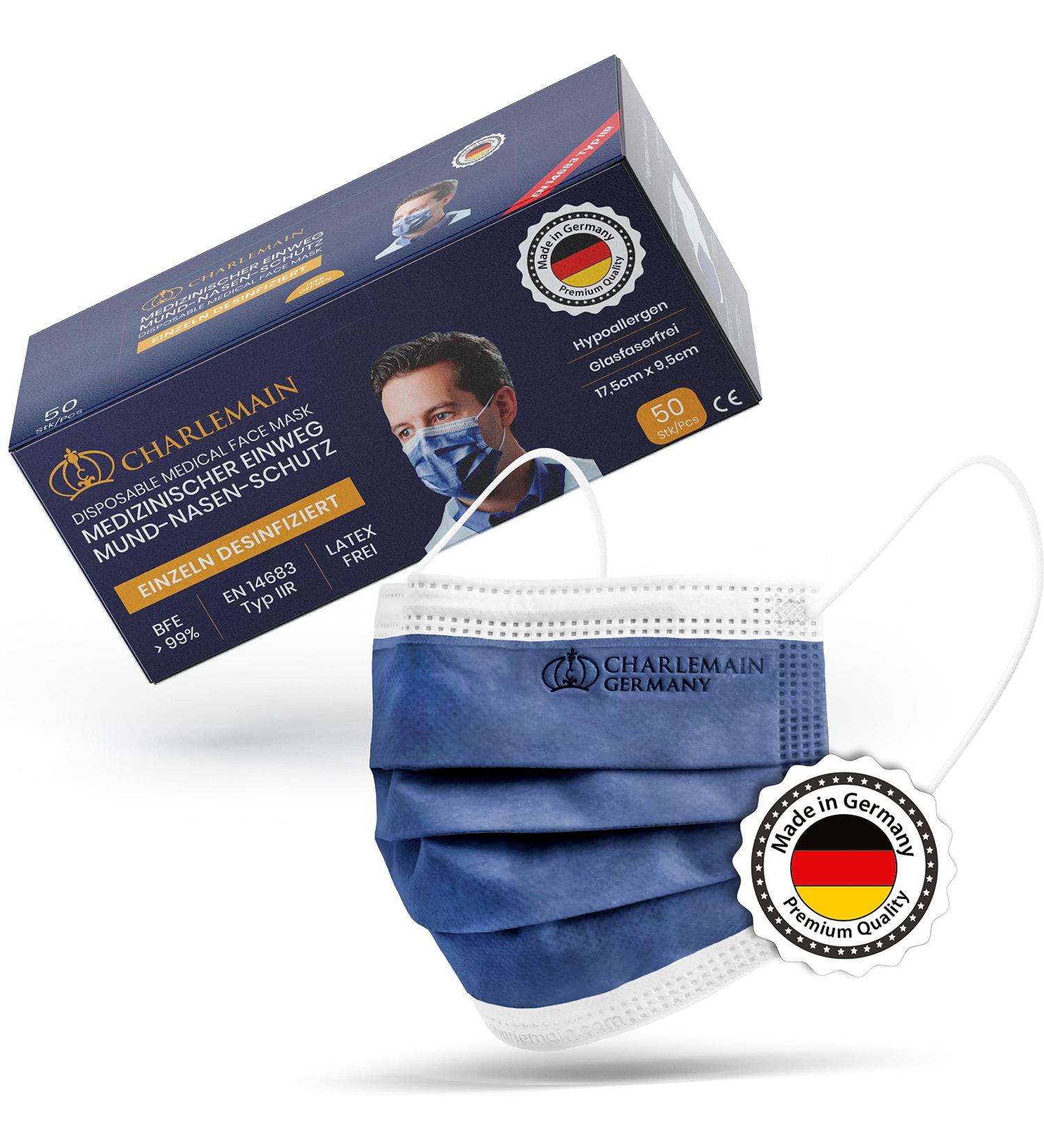 Charlemain 50x Medical Face Masks - EN 14683 Type IIR BFE 99.9% 3-Layer Latex-Free Navy Blue Made in Germany - One-Way Mouth-Nose Protection - Buy Online on SooperMarket.com