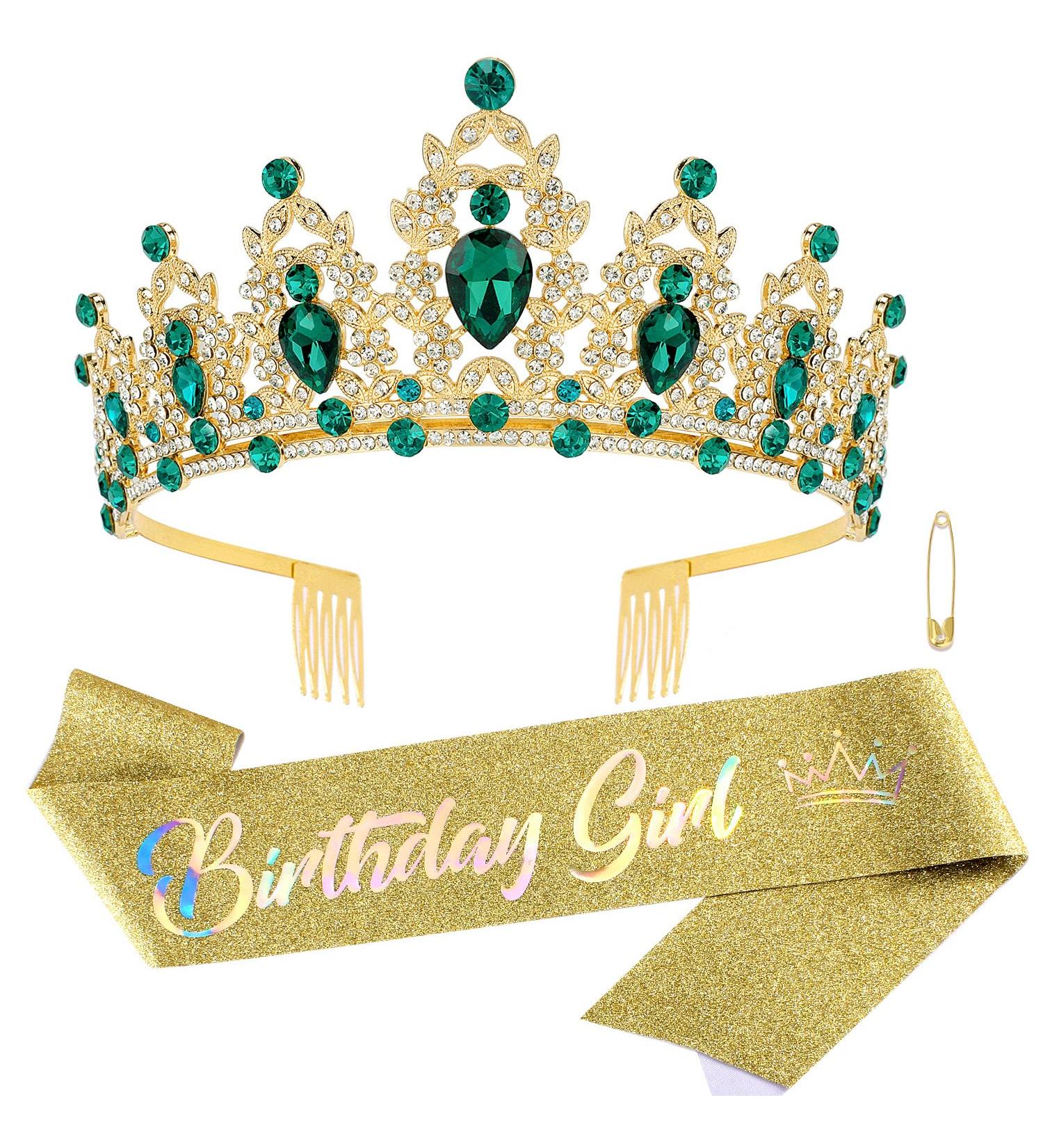 SuPoo Green Birthday Crown and Sash Kit - Rhinestone Tiara with Crystal Headband - Happy Birthday Decorations for Women - Buy Online on SooperMarket.com