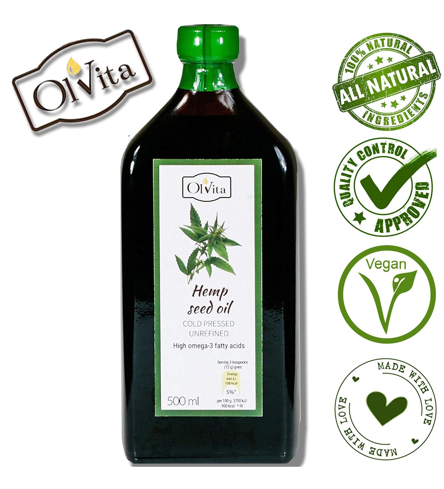 Ol Vita: Cold Pressed Hemp Seed Oil Raw Unrefined NO Additives Pure and Natural Supplement 500ml - Buy Online on SooperMarket.com