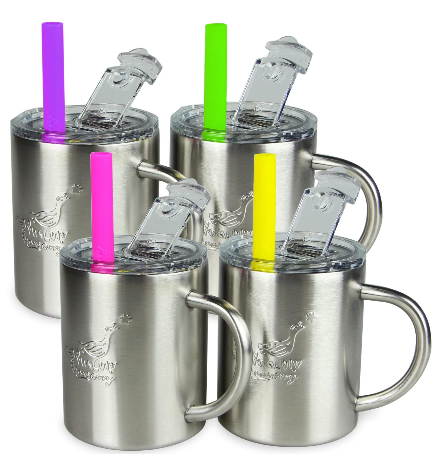 Housavvy 10 Oz Kids Stainless Steel Cups - Insulated, Spill Proof Toddler Cups with Straws, Lids, and Handles - BPA Free Sippy Cups for Toddlers - Silver-Duck Design - 4 Pack - Buy Online on SooperMarket.com
