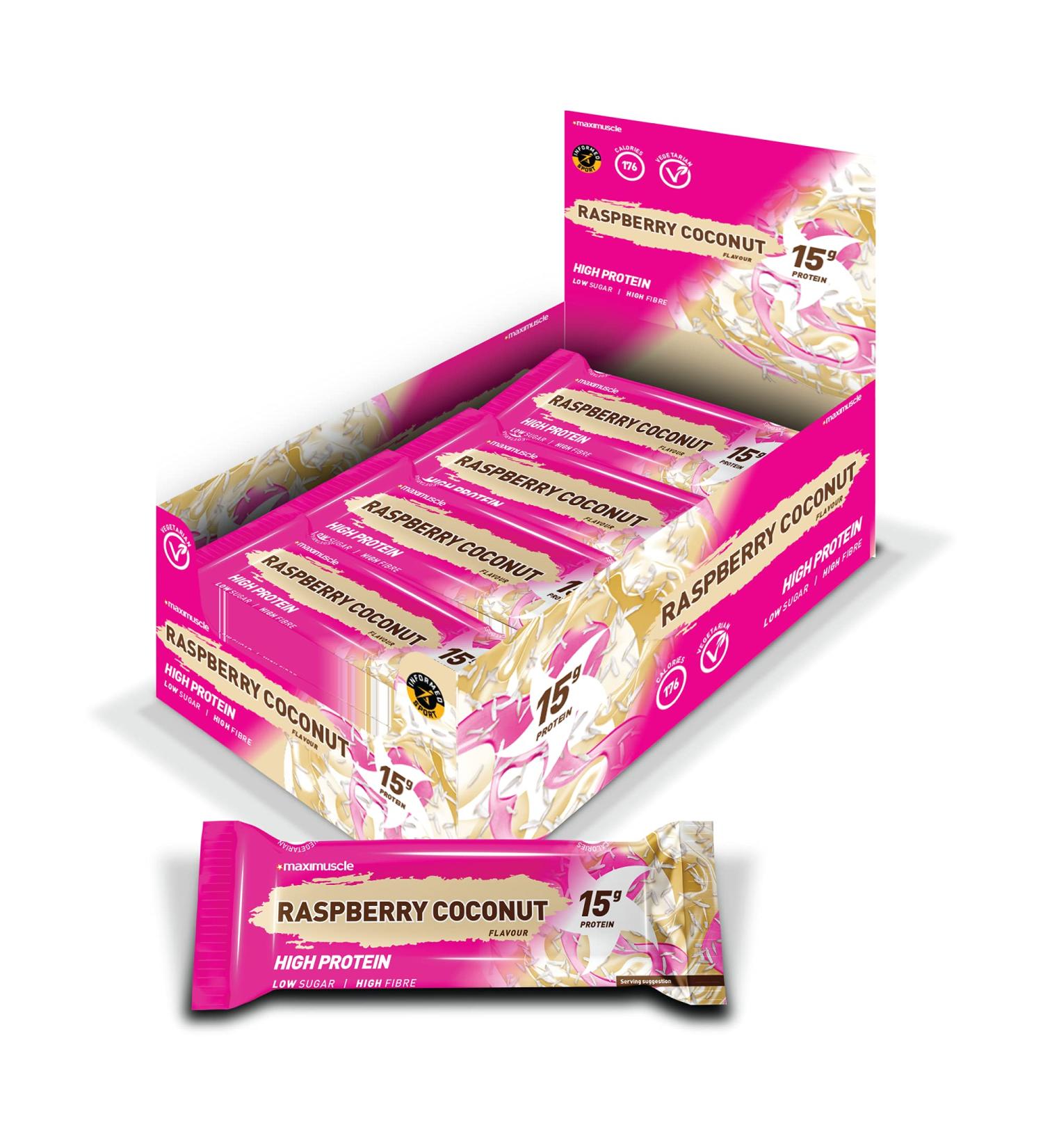 Maximuscle Protein Bars | High Fibre Low Sugar Healthy Snacks with 15g of Protein & Under 175 Calories per Serving | Raspberry Coconut 12 x 45g - Buy Online on SooperMarket.com