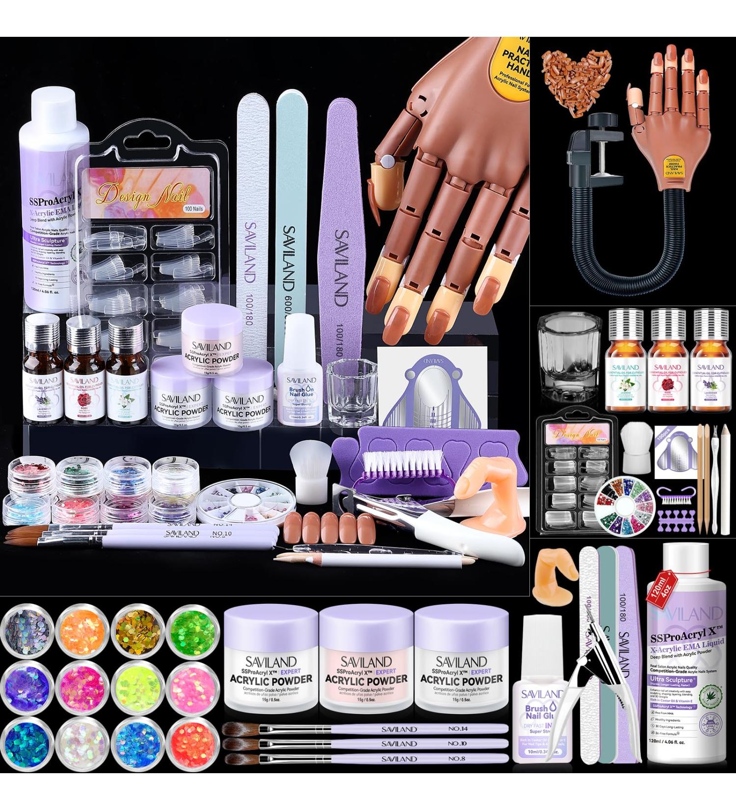 SAVILAND Acrylic Nail Kit for Practice Premium Acrylic Set with Nail Hand Training Mat Powder Liquid & Brush for Beginners Perfect for Home Extension & Carving - Buy Online on SooperMarket.com