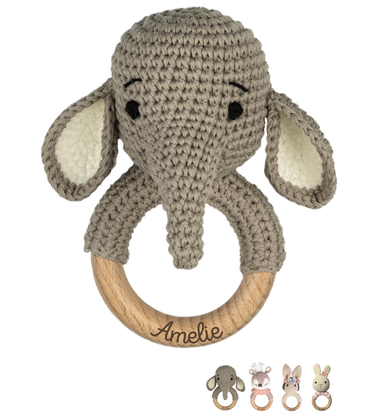 Personalized Baby Bite Ring - Engraved Elephant Teether - Unique Baptism Gift for Boys & Girls - Custom Baby Rattles from 0 Months - Buy Online on SooperMarket.com