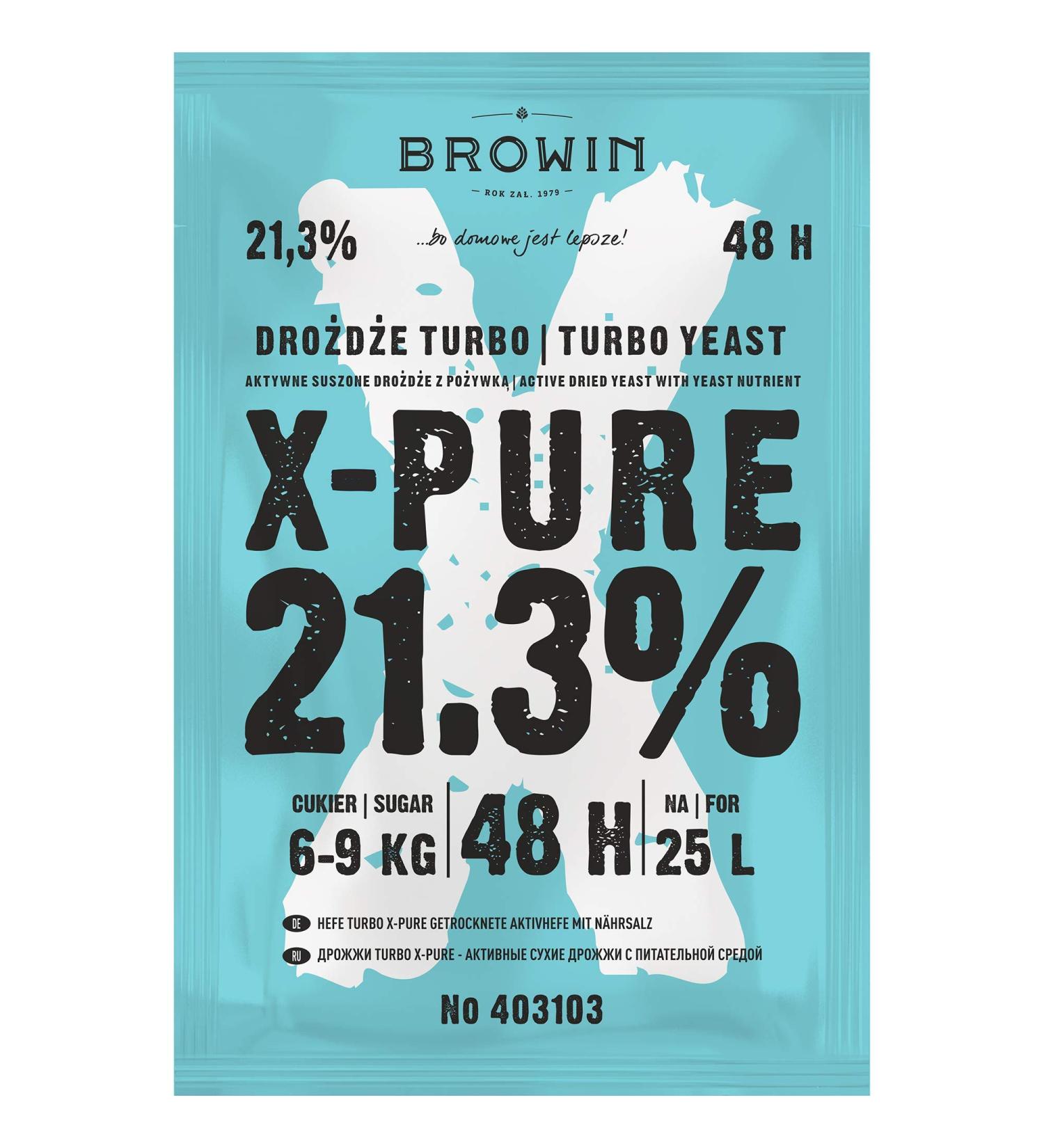 BROWIN Turbo X-Pure Yeast 403103 - High-Quality Fermentation Yeast for 21.3% Alcohol in 48h | 25L 6-9kg Sugar 135g | International Shipping - Buy Online on SooperMarket.com