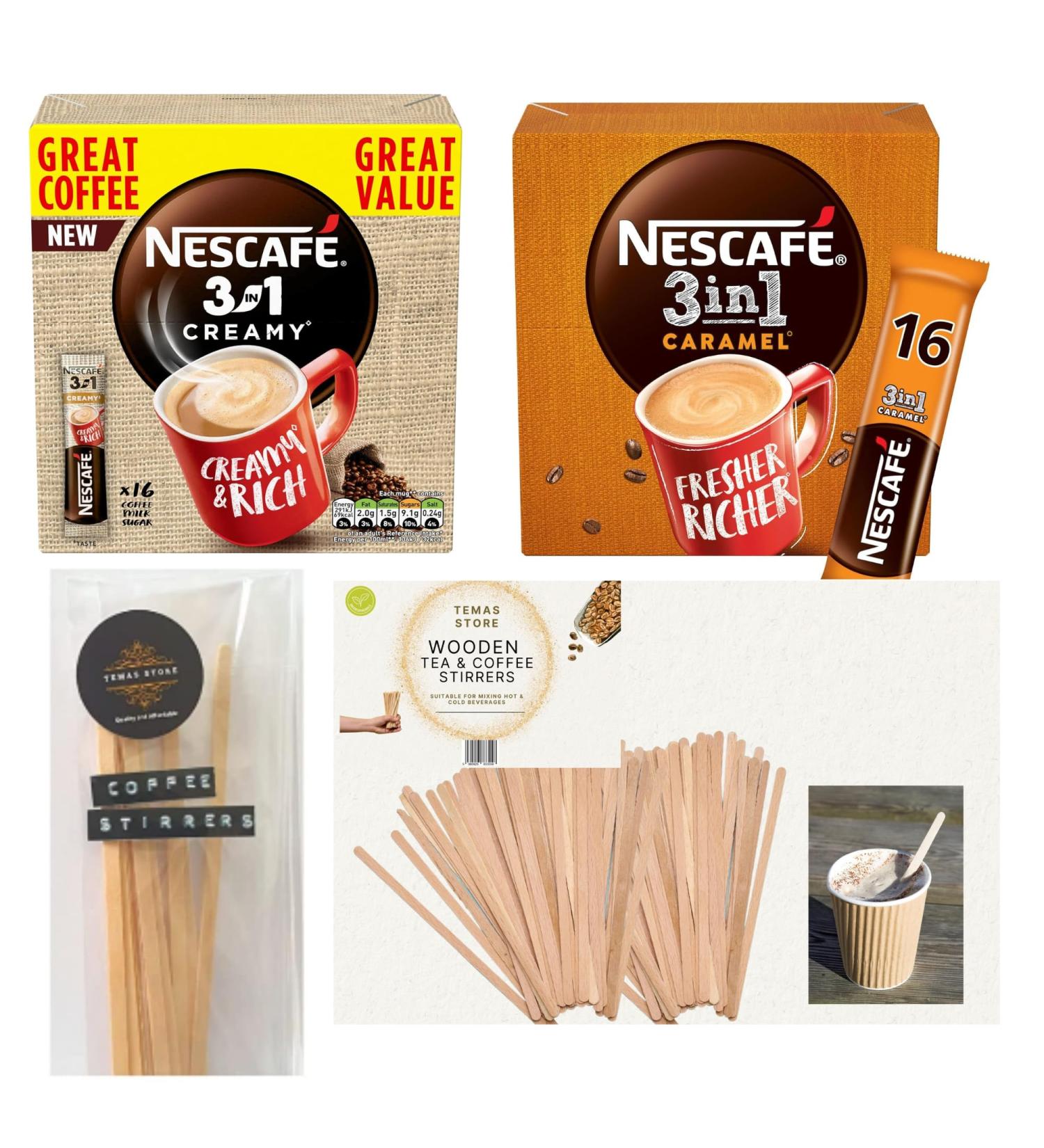 Temas Instant Coffee Sachets Duo: 3-in-1 Creamy and Caramel Flavoured Coffee (16x16g Each) - Individually Wrapped | Includes Coffee Stirrers (16x16 Sachets 3 In 1 Creamy and Caramel) 3 In 1 Creamy and Caramel 8 g (Pack of 4)