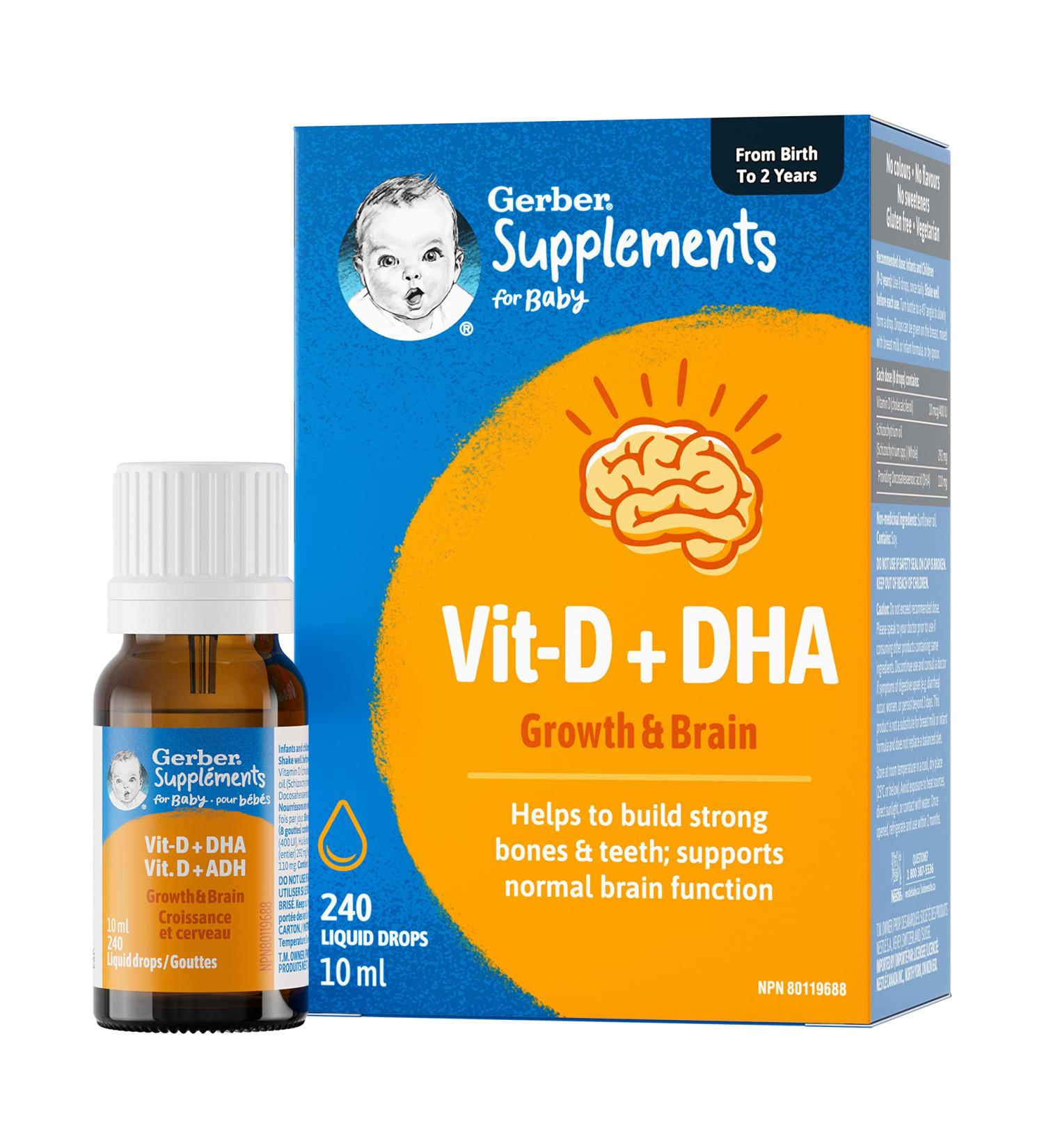 Gerber Supplements for Baby Vitamin D and DHA Drops 0-2 Years Supports Strong Bones Teeth & Normal Brain Function No Colours No Flavours No Sweeteners Gluten-Free Vegetarian - Buy Online on SooperMarket.com