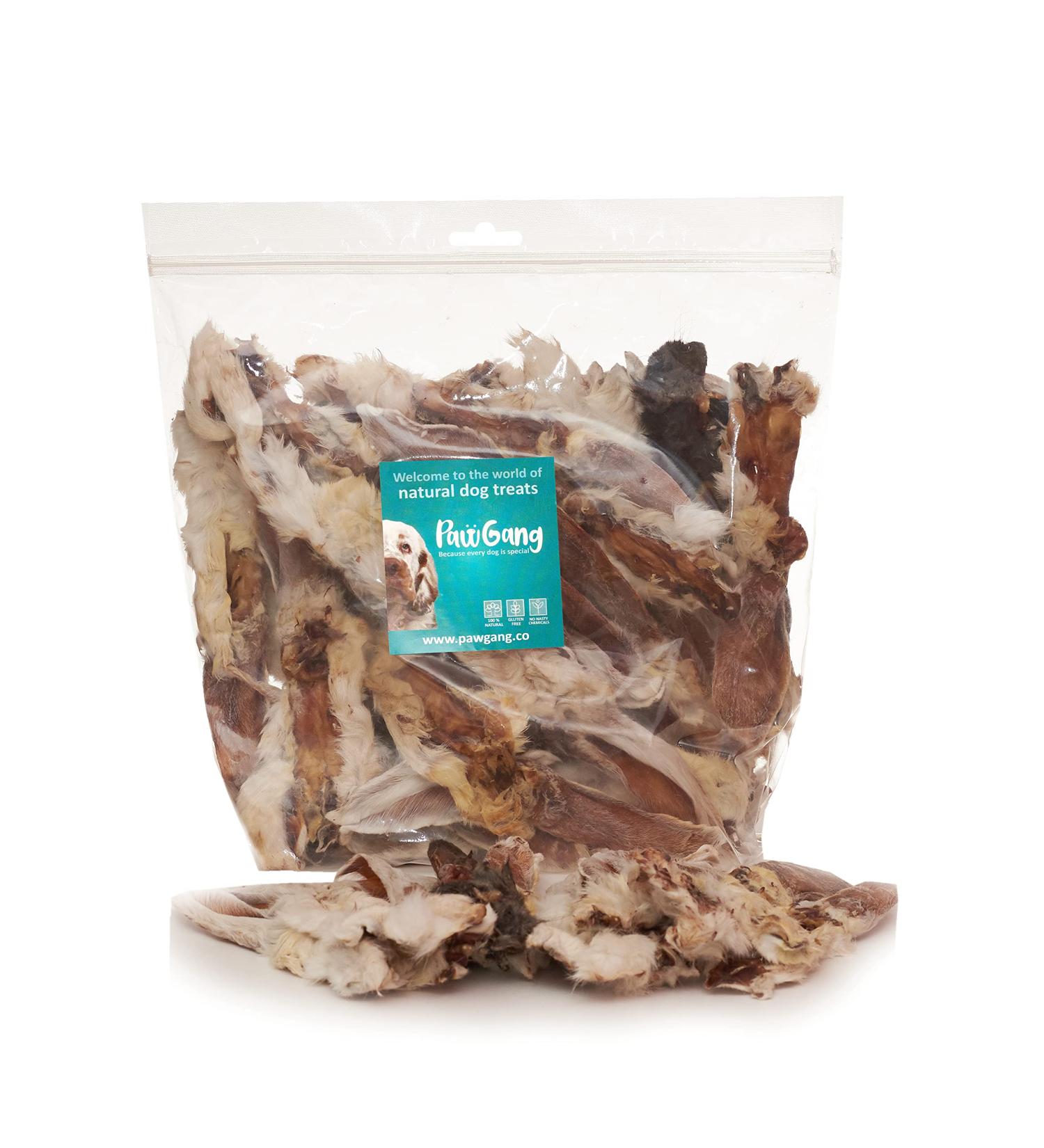 PawGang 100% Natural Rabbit Ears with Fur 500g - Healthy Hypoallergenic Dog Treats - Grain Free and Tasty Chews - EU Sourced - Bulk Bag - Buy Online on SooperMarket.com