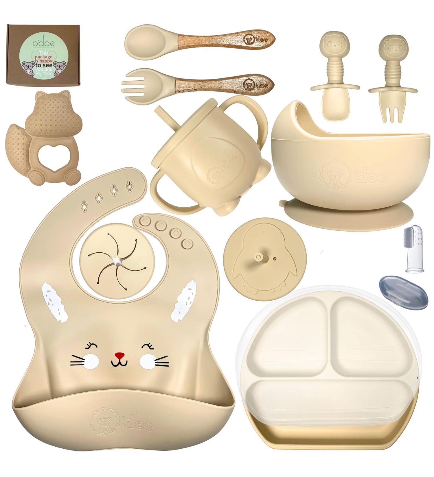 Baby Led Weaning Feeding Set | Suction Silicone Bowl & Utensils for Toddlers - Includes Spoons, Bibs, Food Plate - Beige - Buy Online on SooperMarket.com