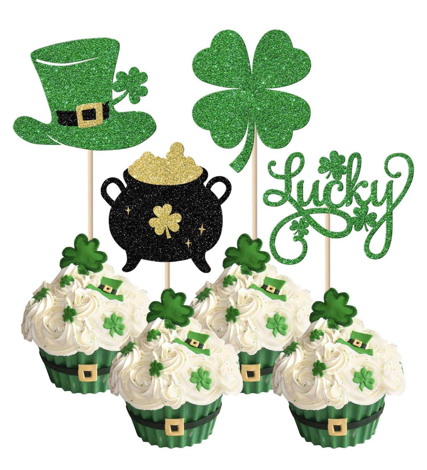 Rsstarxi 24 Pack St.Patrick's Day Cupcake Toppers Glitter Four Leaf Clover Shamrock Lucky Cupcake Picks Green Hat Baby Shower Cake Decorations for Irish St Patrick's Day Party Decorations Design 14 - Buy Online on SooperMarket.com