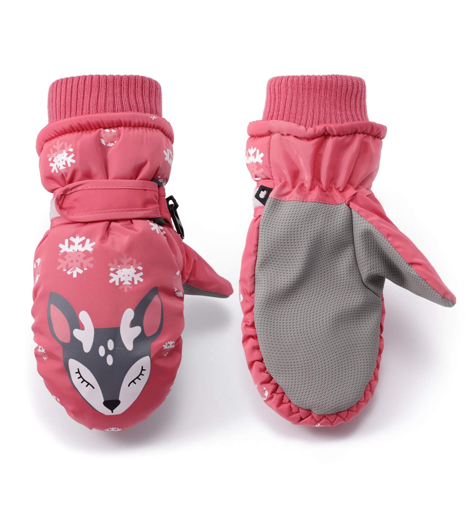 Flammi Kids Winter Ski Mittens for Girls | Warm & Water-Resistant Snow Gloves | Reindeer Design | Dark Pink | Ages 2-8 - Buy Online on SooperMarket.com