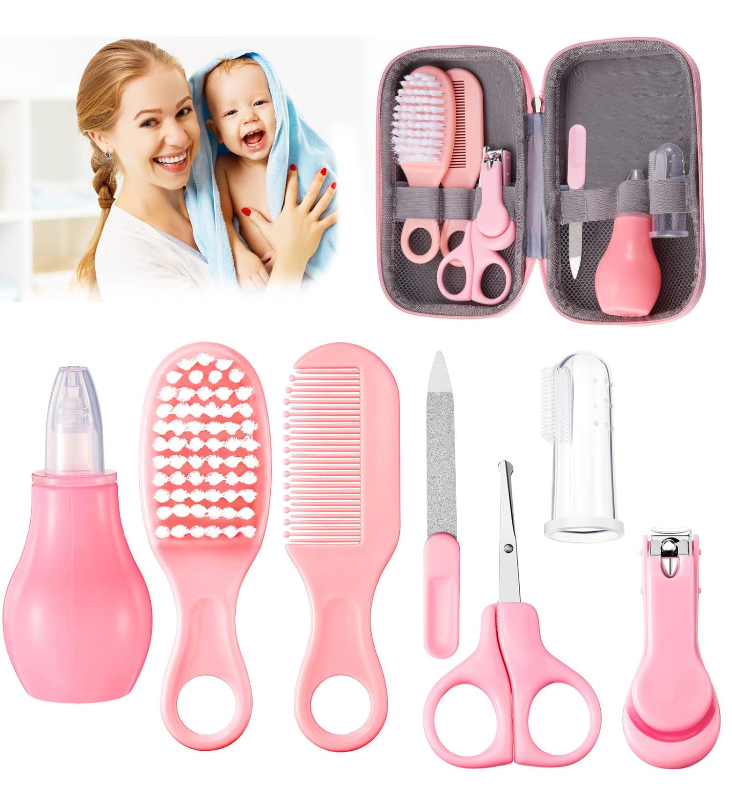 Baby Healthcare & Grooming Kit 7-in-1 | Nail Clipper, Brush, Comb, Scissors, File, Nasal Aspirator, Toothbrush | Pink Baby Safety Care Set - Buy Online on SooperMarket.com