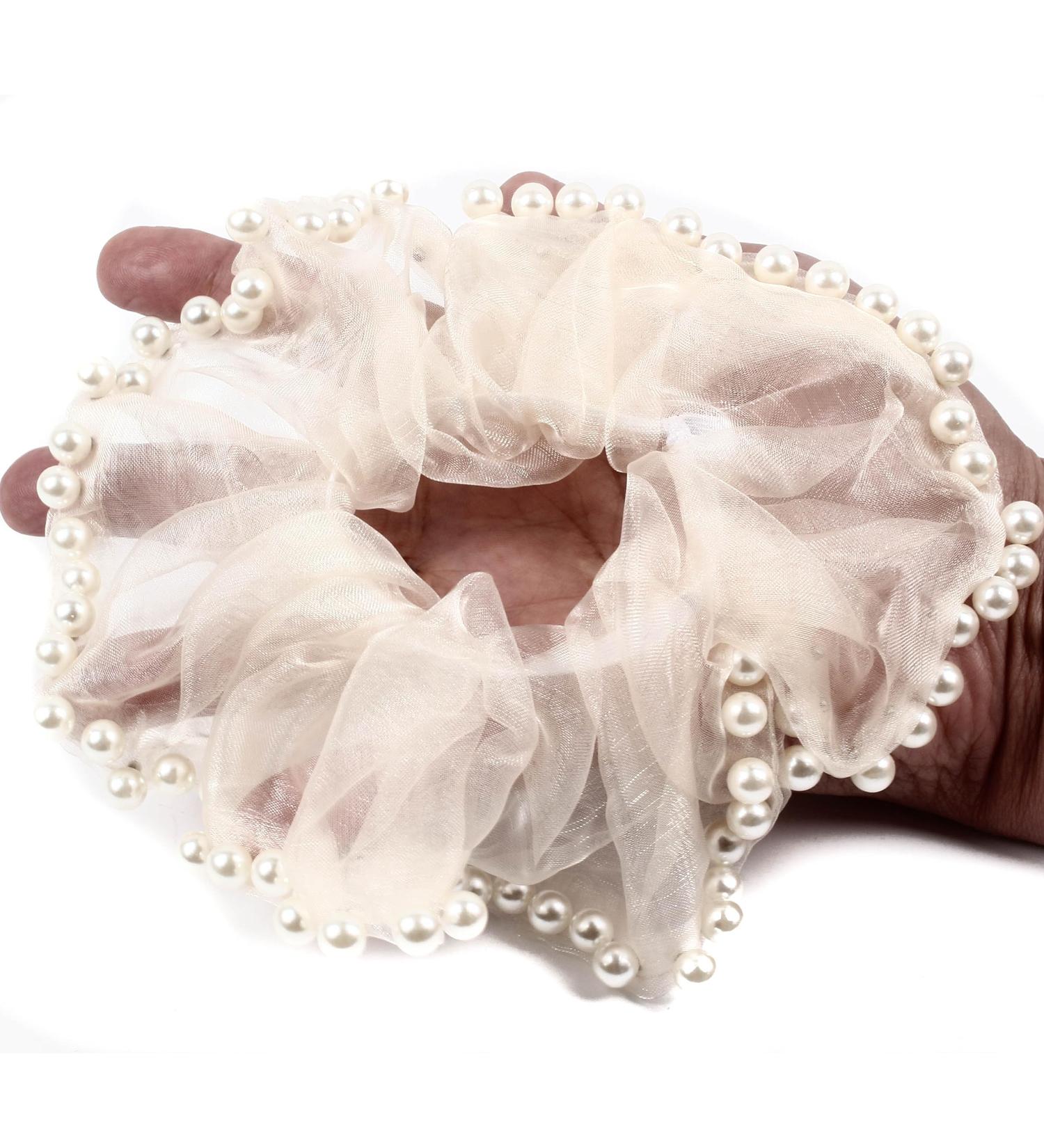 Mytoptrendz Pearl Trim Shimmer Chiffon Organza Scrunchie Ponytail Holdes Elastic Scrunchie Hair Ties Elastic Bobble Dance Bun Decor for Women and Girls (Cream) - Buy Online on SooperMarket.com