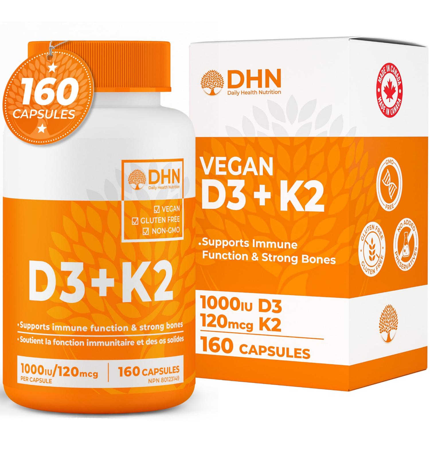 New Max Strength Vegan D3 + K2 | Bonus Size 160 Capsules | Immune Bone & Heart Health Supplement | Essential Vitamins for the Maintenance of Good Health | Canadian Made Quality Assured - Buy Online on SooperMarket.com