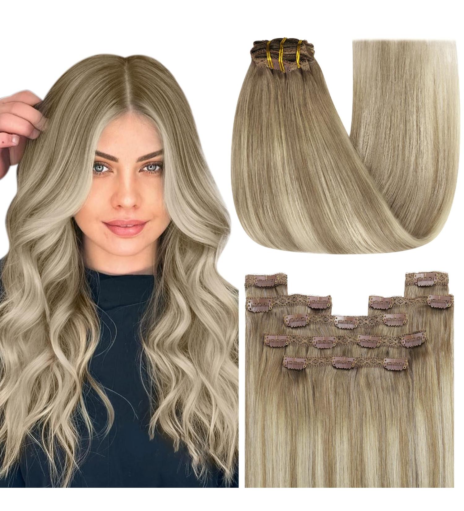 Youngsee Clip In Extensions - Real Hair Ombre 50cm Balayage Medium Brown & Platinum Blonde - 120g 7pcs - Premium Quality Hair Extensions - Buy Online on SooperMarket.com