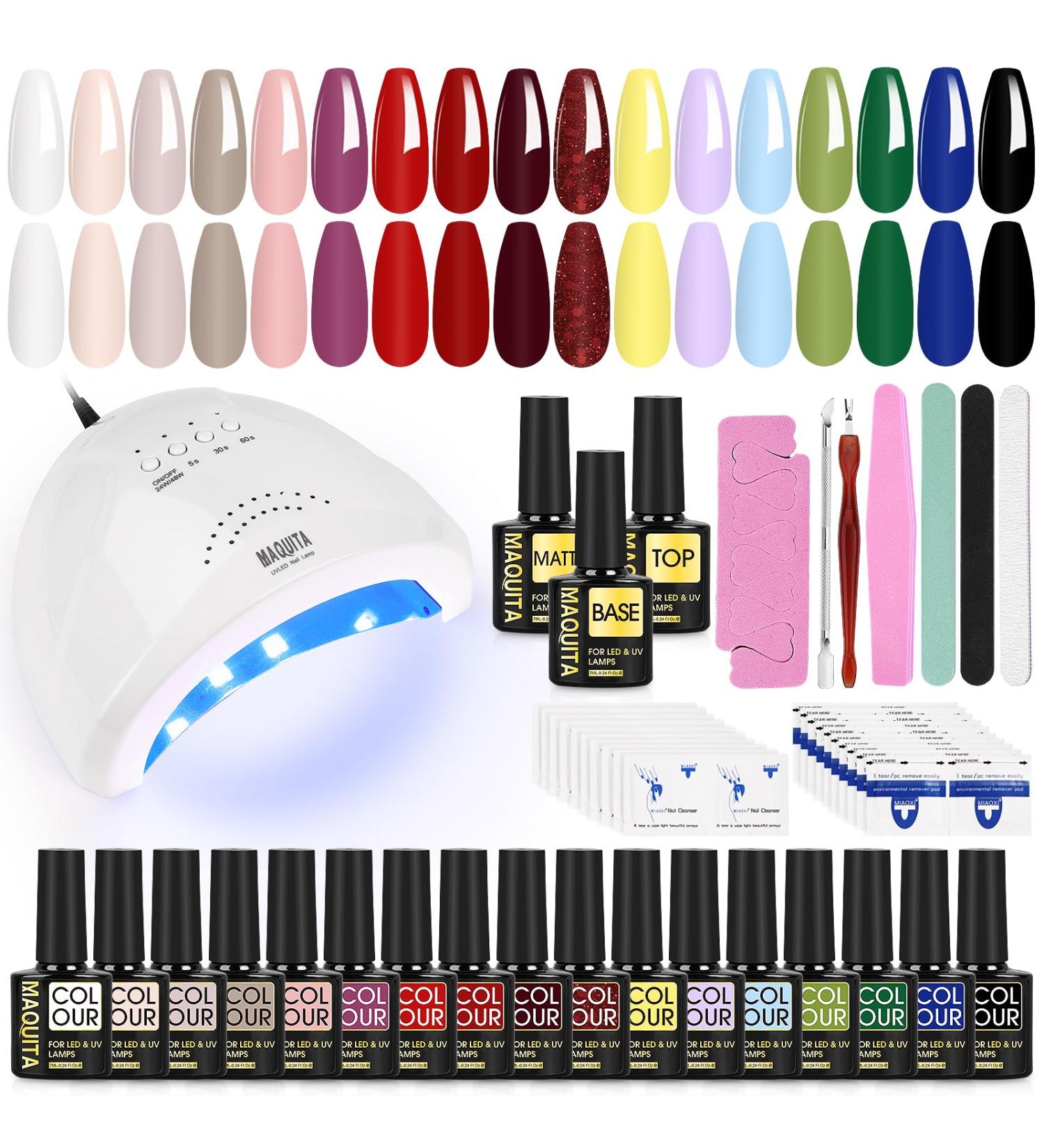 MAQUITA Gel Nail Polish Set with 48w Lamp Starter Kit - 17 Colorus Nail Salon Set - with No Wipe Glossy & Matte Top Coat and Base Coat - DIY Manicure Tool Gift for Beginners at Home - Buy Online on SooperMarket.com