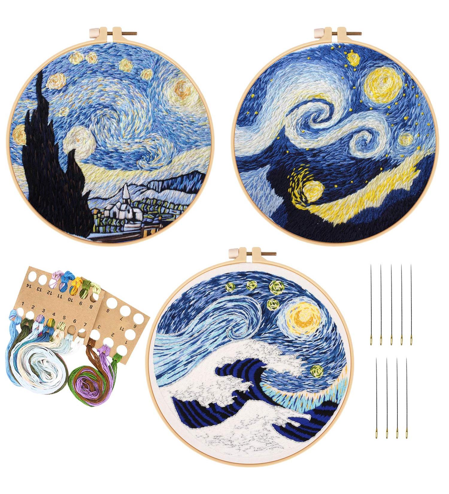 HaiMay 3 Sets Embroidery Starter Kit - Sky Pattern, Bamboo Hoops, Color Threads & Tools - Buy Online on SooperMarket.com