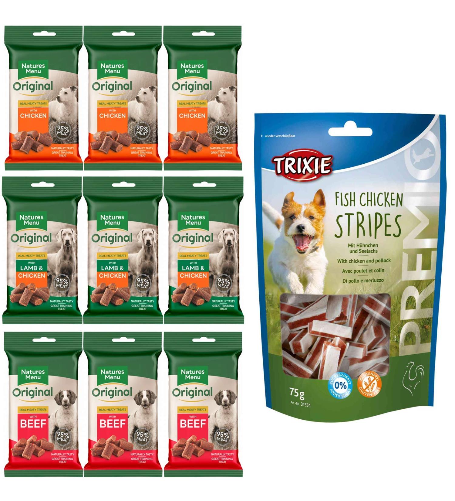 Natures Menu Dog Treat Pack - 9 Bags of Treats - 3 of Each Flavour + Free Bag of Trixie Chicken and Pollock (no Added Sugar)