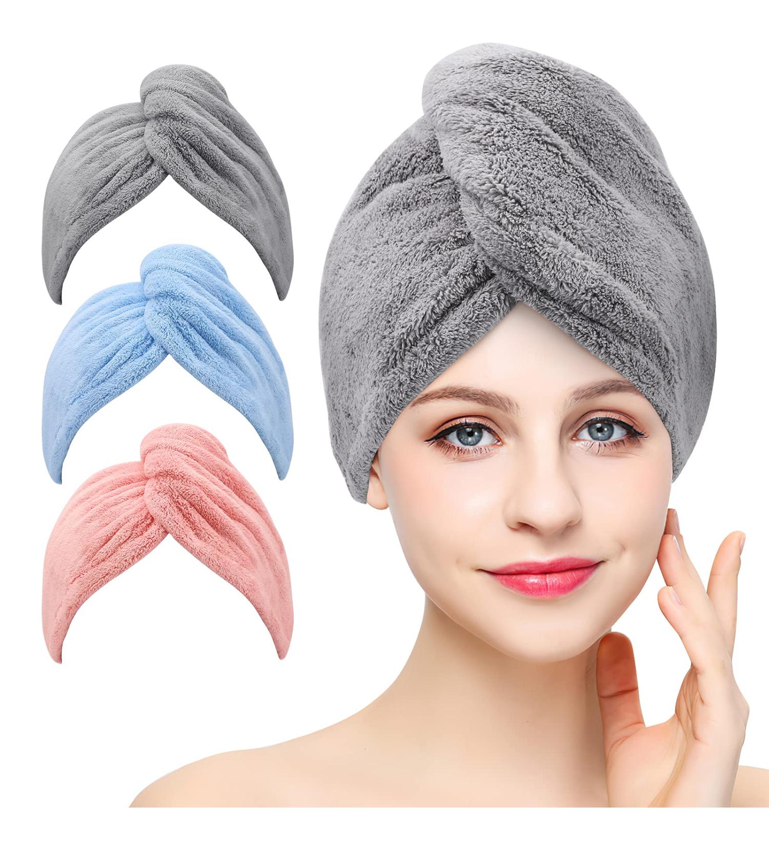 3 Pack Microfiber Hair Towel Wrap - Super Absorbent Fast Drying Caps for Curly, Long & Thick Hair | BEoffer Turbans in Gray, Pink & Blue - Buy Online on SooperMarket.com