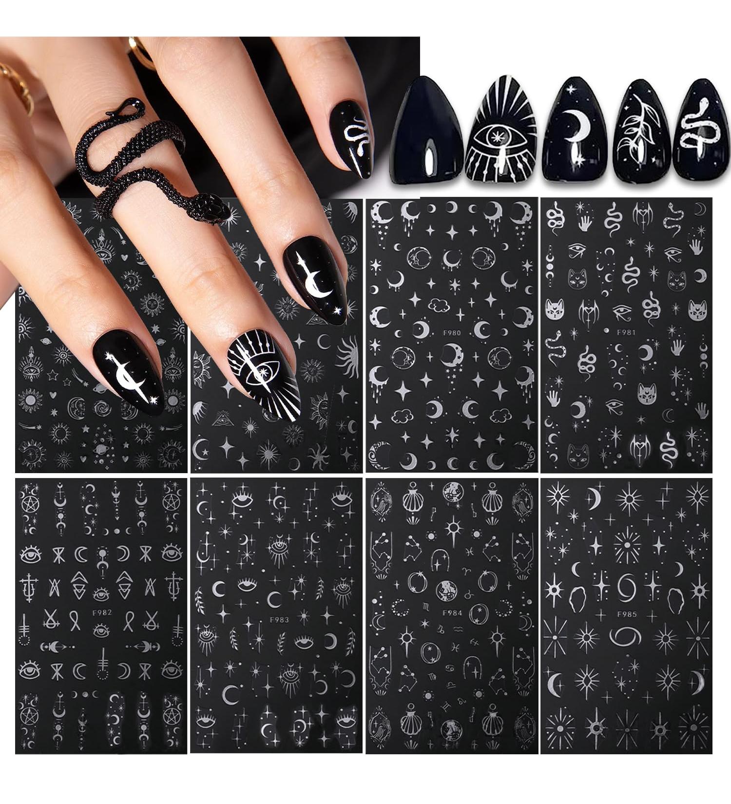 Stylish 3D Metallic Nail Art Stickers - Silver Moon Star & Snake Designs - Luxury Self-Adhesive Decals for DIY Manicure Decoration - Buy Online on SooperMarket.com