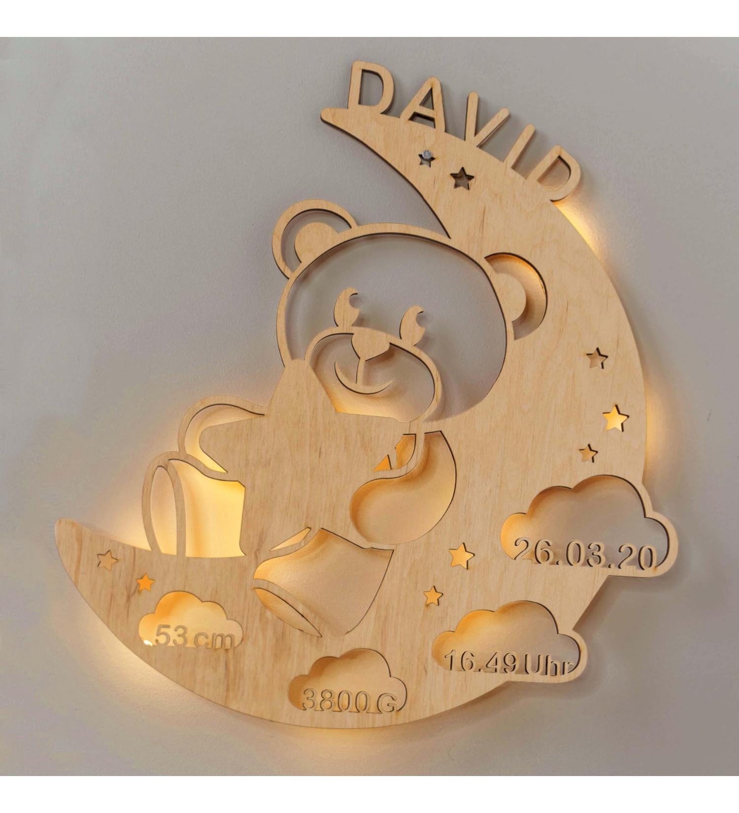 LAUBLUST Night Light Bear in the Moon - Personalized Baby Gift for Birth & Baptism - LED Natural Lighting for Kids - Buy Online on SooperMarket.com