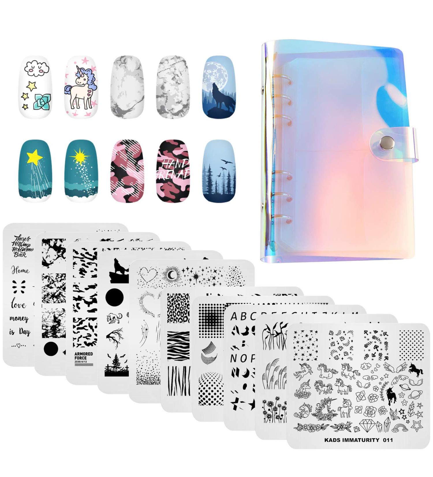 Alexnailart 10 Pieces Nail Stamping Plates Set with Multi-Patterns for Nail Design - Manicure Stencils Tool with Storage Bag (Set5) - Buy Online on SooperMarket.com