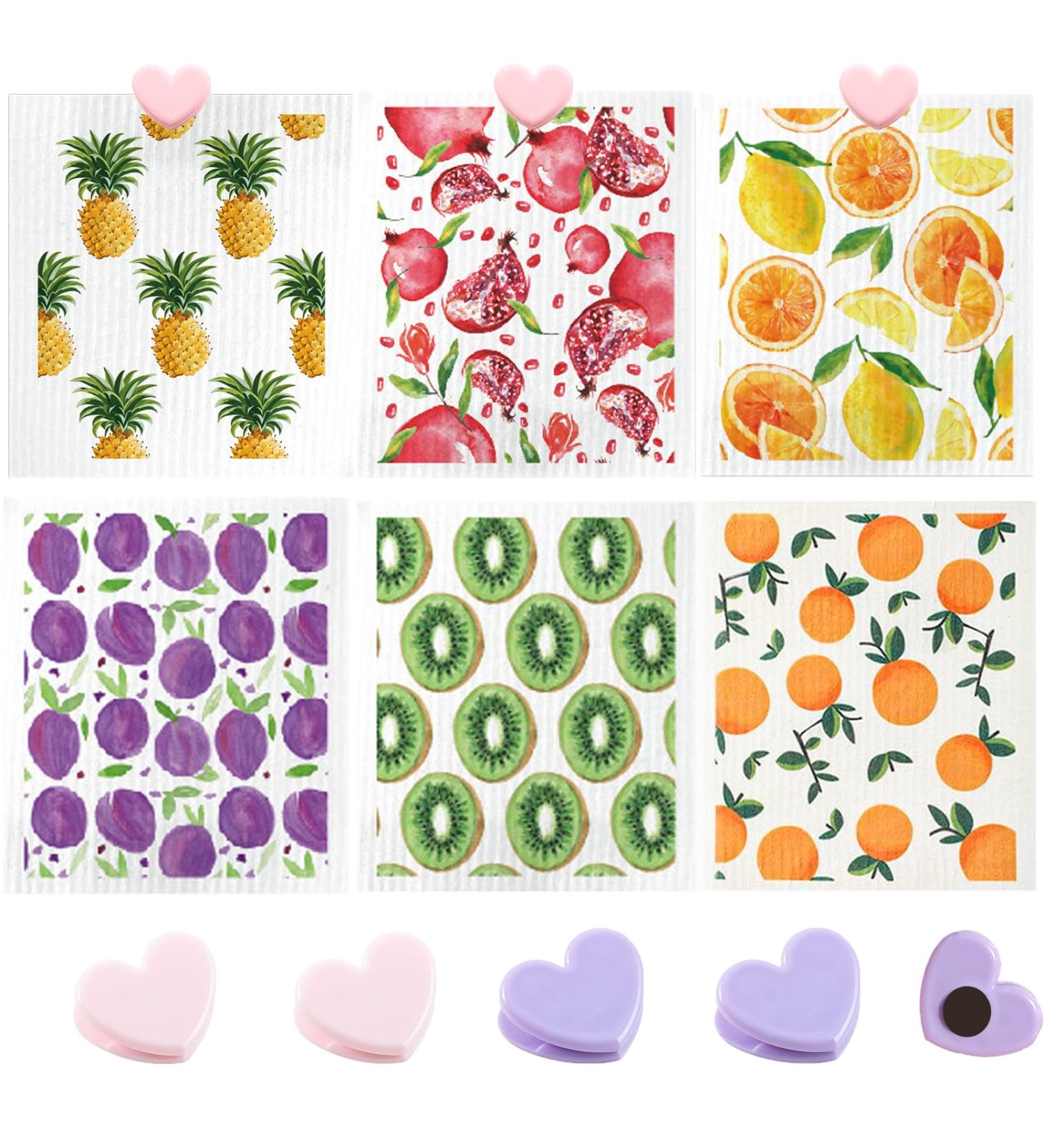 Swedish Dish Cloth 6 Pack Swedish Dishcloths with 4 Clips Absorbent Sponge Cleaning Reusable Biodegradable Paper Towels (6 Pack Fruit) - Buy Online on SooperMarket.com