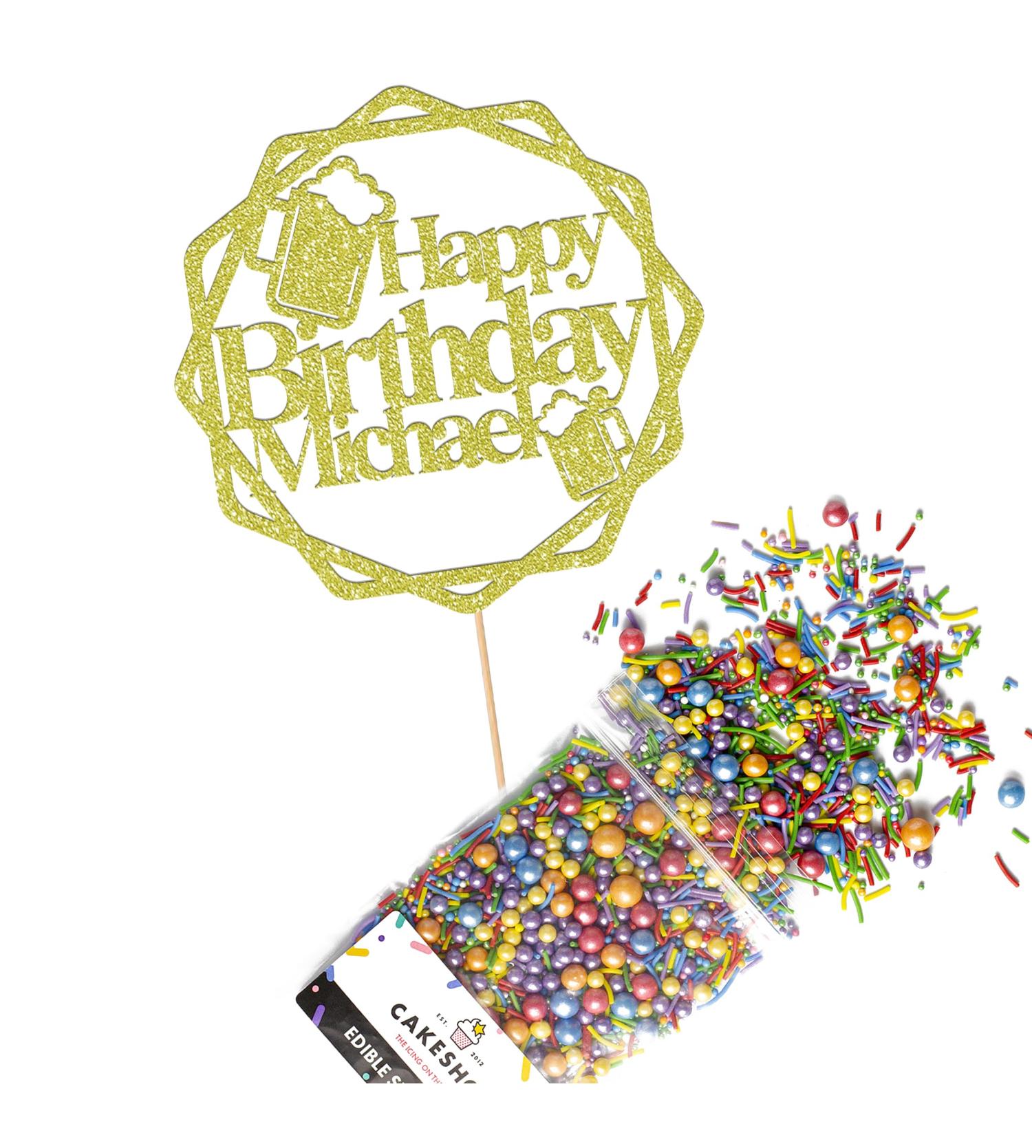 Cakeshop Cake Decoration Pack | Round Beers Happy Birthday Premium Double Sided Glitter Card Cake Topper & 25g Party Pack of Cake Sugar Sprinkles | Custom Name Cake Decorations (Champagne) Non-Prime Glitter Card: Champagne - Buy Online on SooperMarket.com