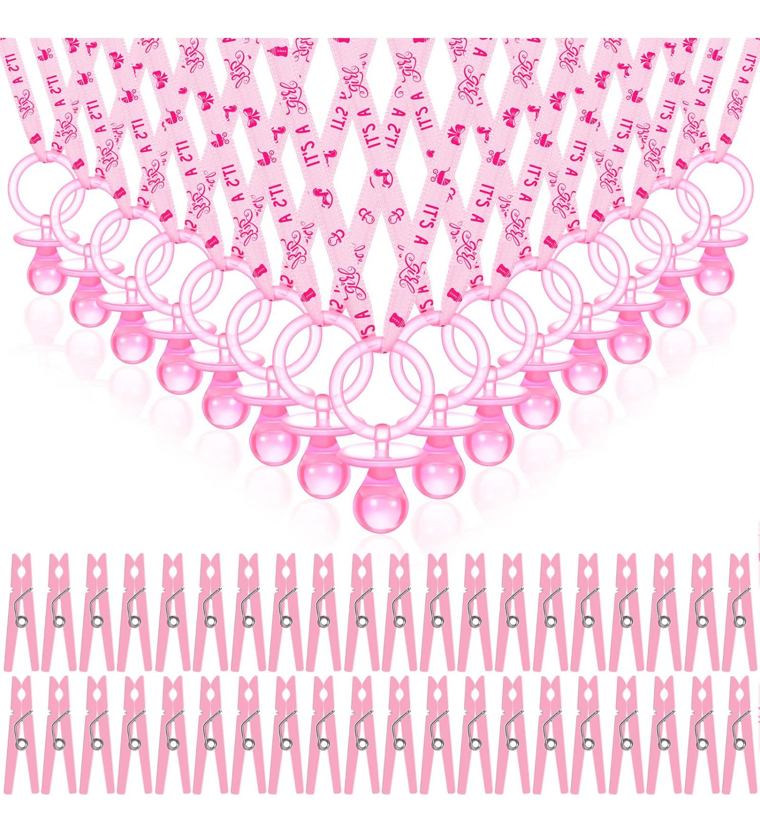 48 Pink Acrylic Necklace Baby Pacifier & Plastic Clothespins Set for Baby Shower Decorations - Buy Online on SooperMarket.com