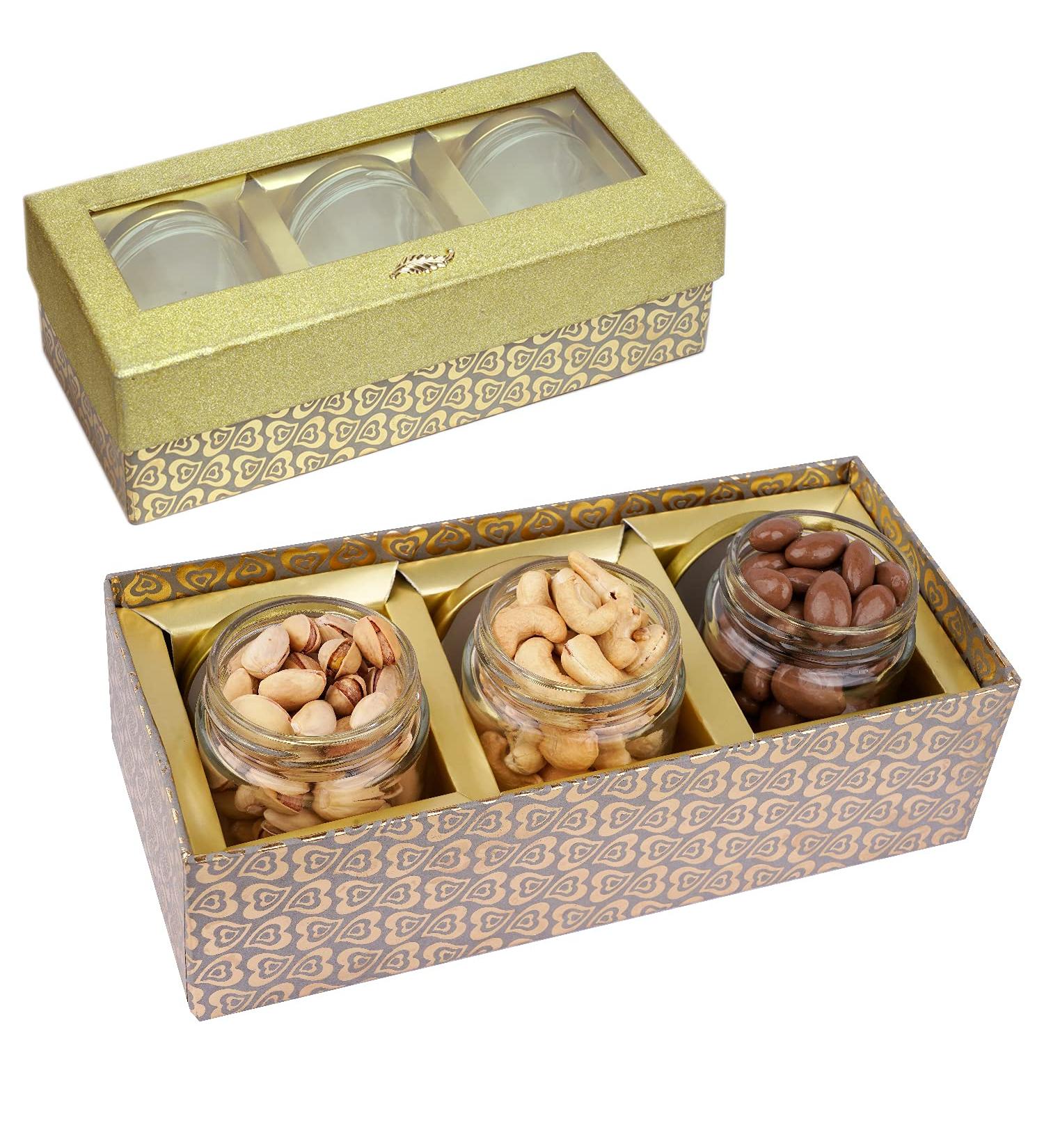 Jaiccha Ghasitaram Dryfruits Hamper- box with 3 Jars of Chocolate Coated Almonds Roasted Cashews and Pistachios |Gift for Diwali Holi Rakhi Valentine Christmas Birthday Anniversary Her Him| - Buy Online on SooperMarket.com