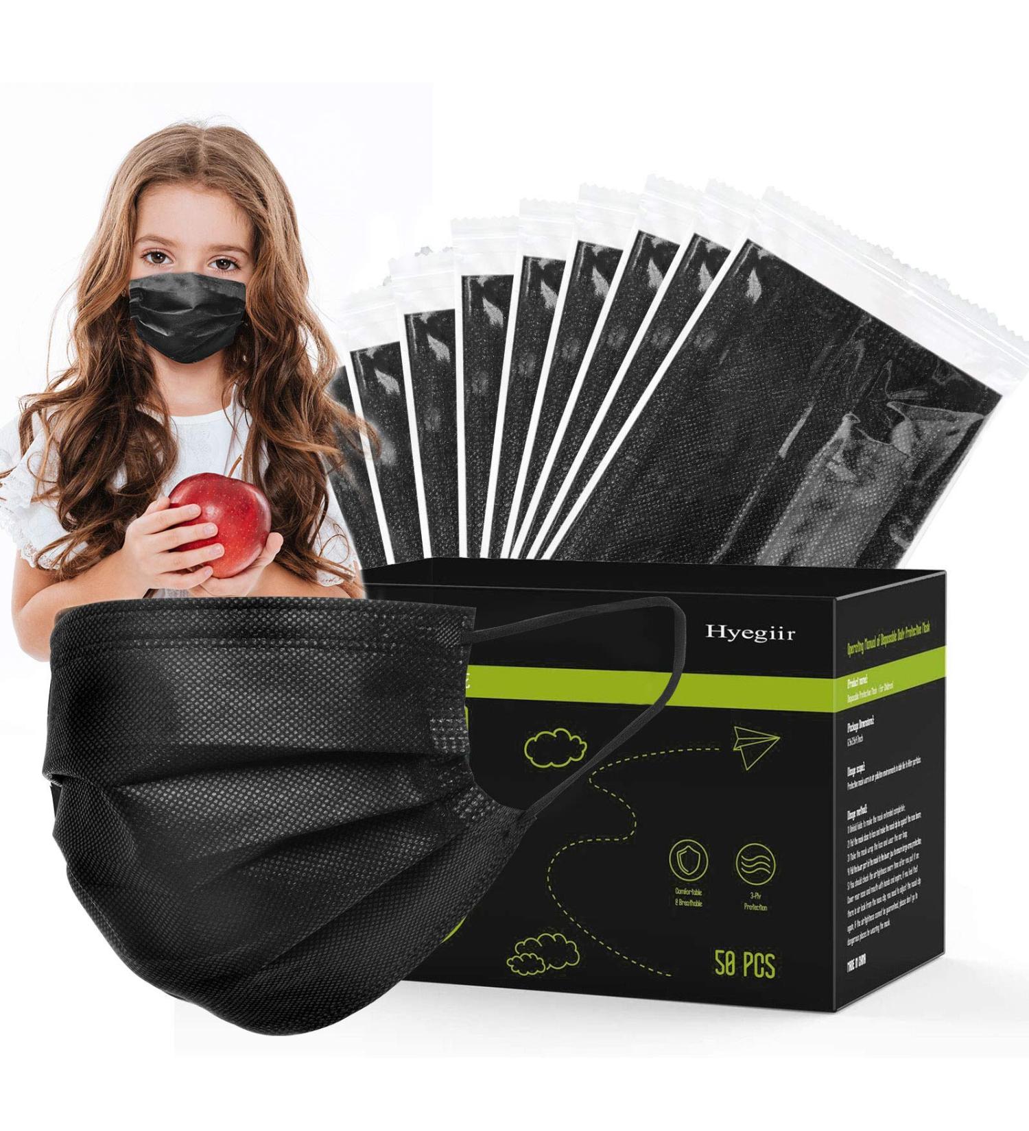100 Pack Kids Black Disposable Face Masks - 3 Ply Individually Wrapped Non-Woven Masks for Boys and Girls - Buy Online on SooperMarket.com