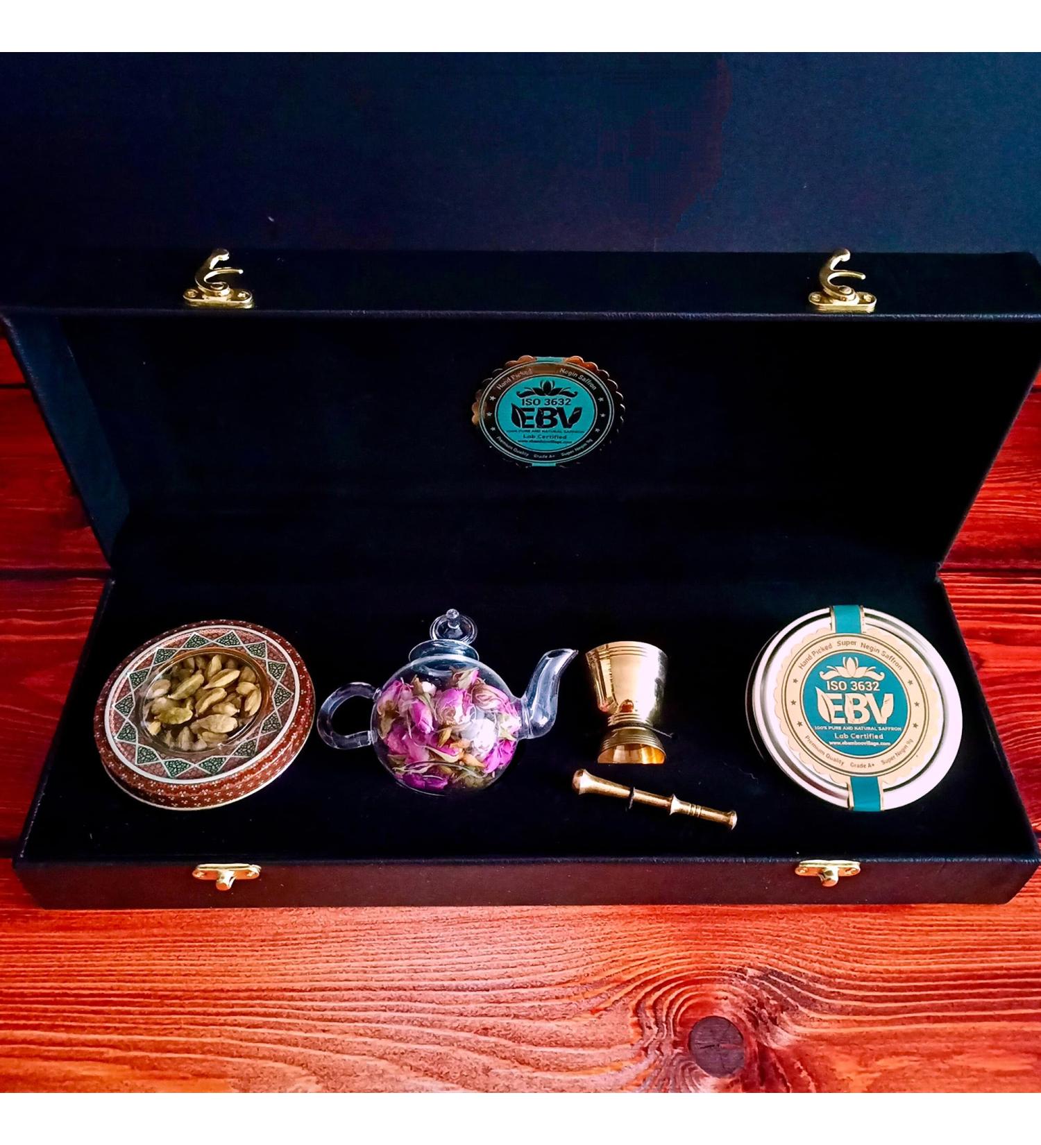 Luxurious Saffron Gift Box for Chefs: 9 Gr Grade A+ Organic Super Negin Coupe Saffron Threads Green Cardamom Rose Bud Tea Dried Saffron Teapot Small Brass Mortar and Pestle (Black Leather Box) - Buy Online on SooperMarket.com