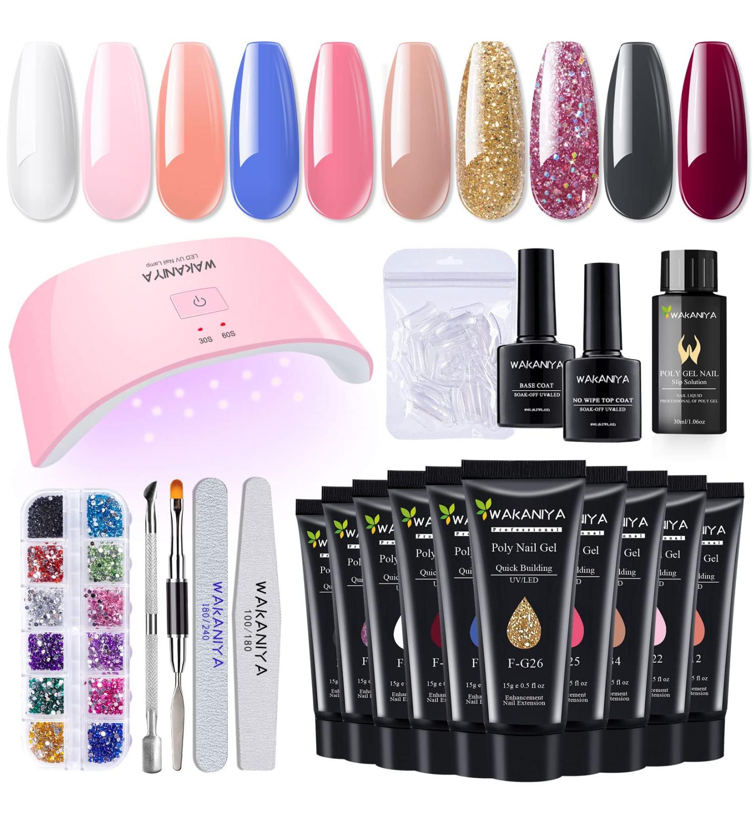Complete Wakaniya Poly Nail Gel Kit with UV Lamp - 10 Colors for DIY French Ombre Nails - Buy Online on SooperMarket.com