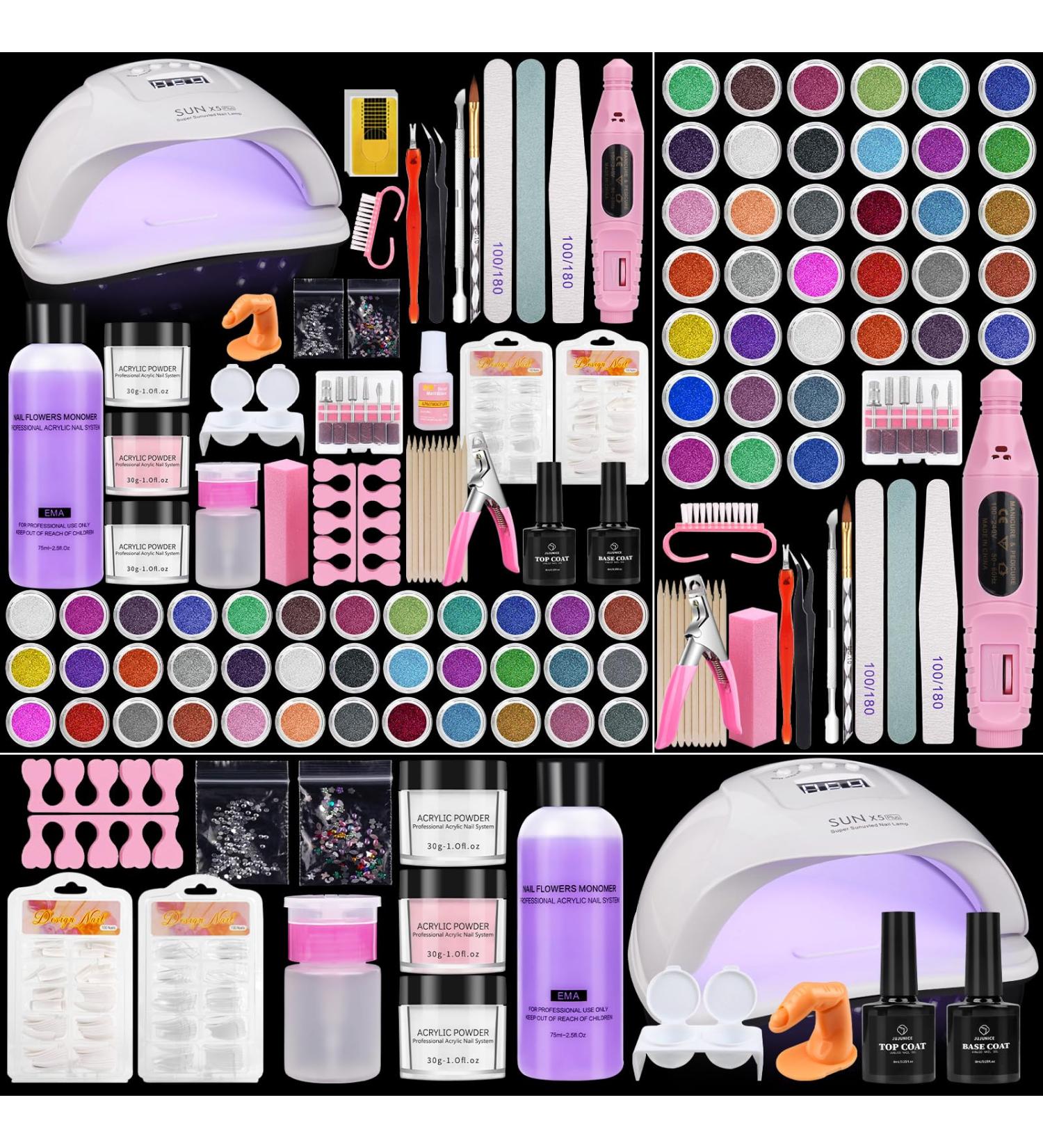 Acrylic Nail Kit with Drill and Lamp: 3 Colors 30G Acrylic Powder Nail Set - 36 Colored Glitter Powder Nail Art Tools Extension Kits Full Set for Beginners - Buy Online on SooperMarket.com