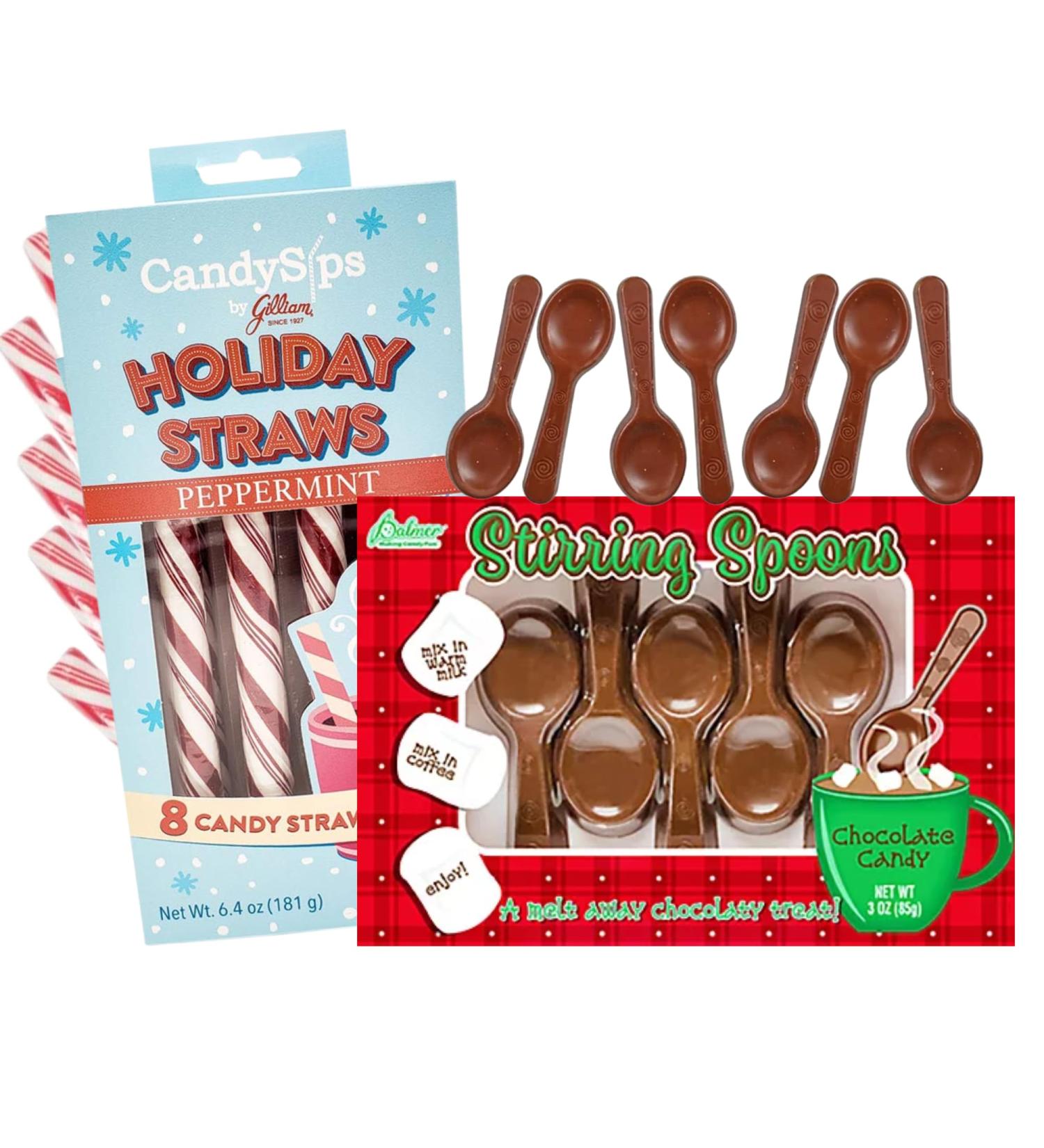 Peppermint Candy Cane Sip Straws with Belgian Milk Chocolate Stirring Spoon Hot Cocoa Bar Supplies Christmas Stocking Stuffer Treats for Adults and Kids Pack of 2 - Buy Online on SooperMarket.com