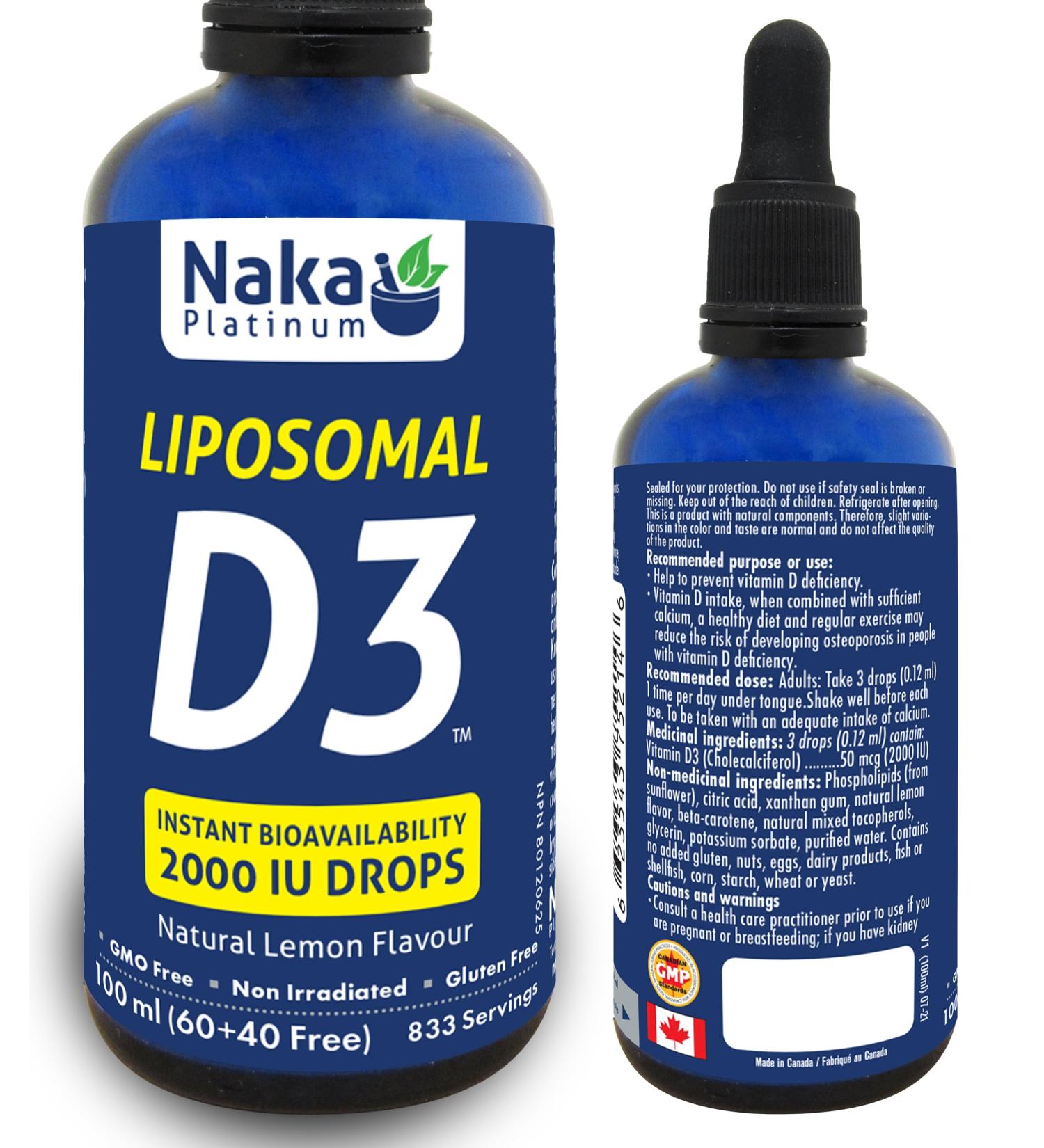 Naka Platinum Liposomal Vitamin D3 INSTANT BIOAVAILABILITY 2000 IU DROPS Natural Lemon Flavour Made in Canada (100ml) - Buy Online on SooperMarket.com