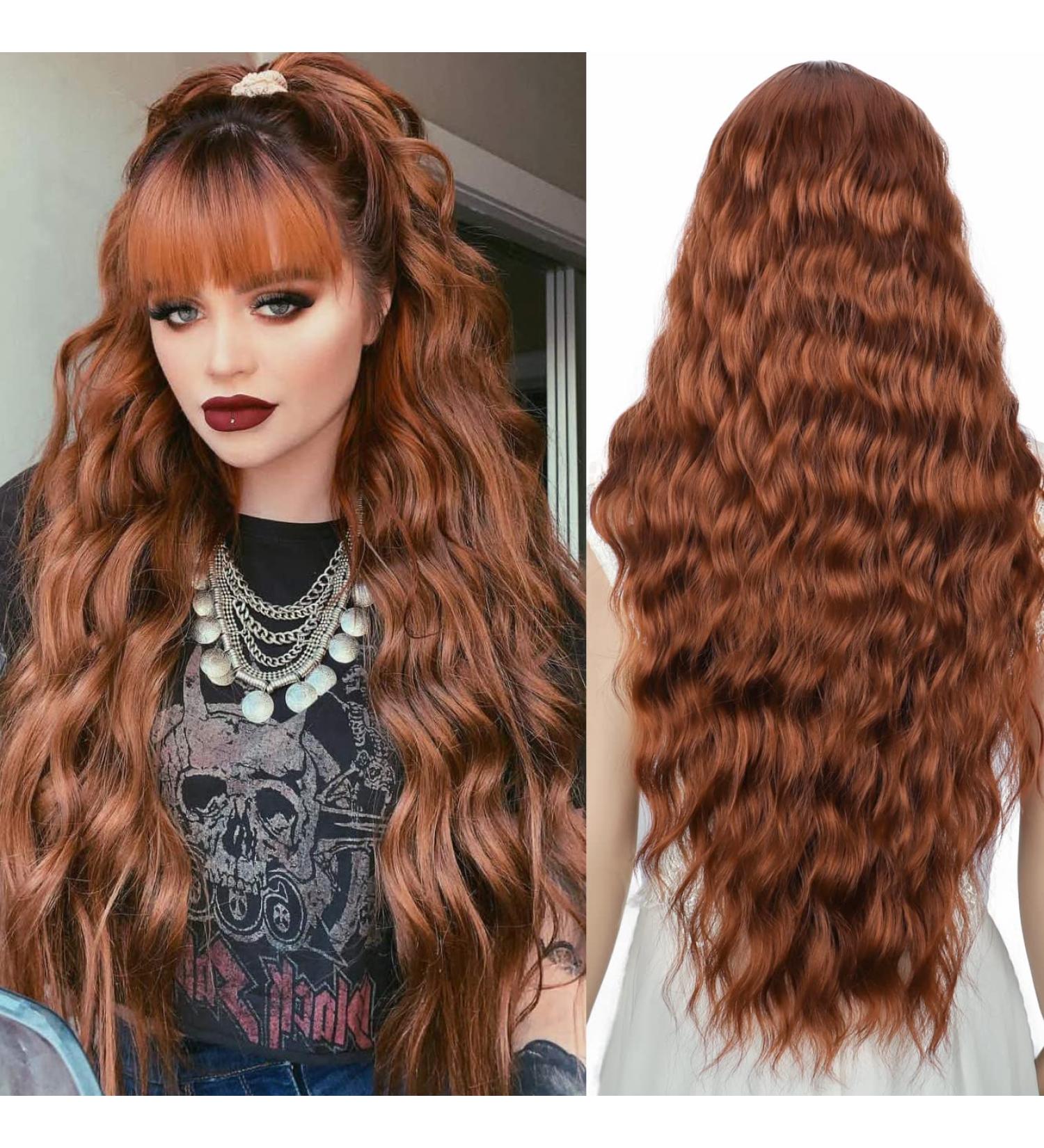 YEESHEDO Long Brown Wig with Bangs - Natural Wave Synthetic Wavy Curly Wig 28 Heat Resistant Fiber - Honey Brown Women's Wig - Buy Online on SooperMarket.com
