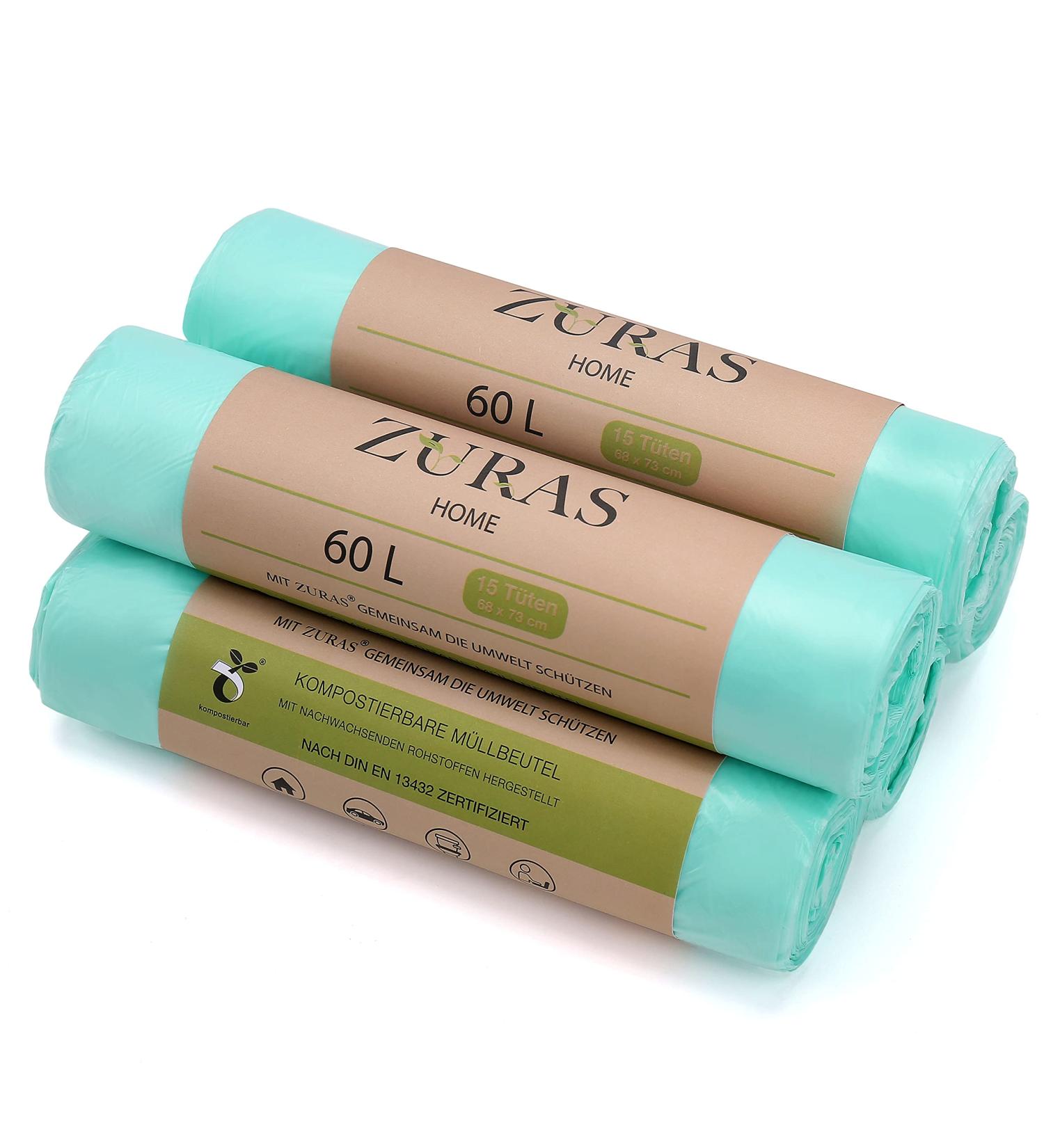 Zuras 60L Organic Waste Bags - 75 Compostable & Biodegradable Garbage Bags | Tear-Resistant Waterproof DIN EN 13432 Certified - Buy Online on SooperMarket.com