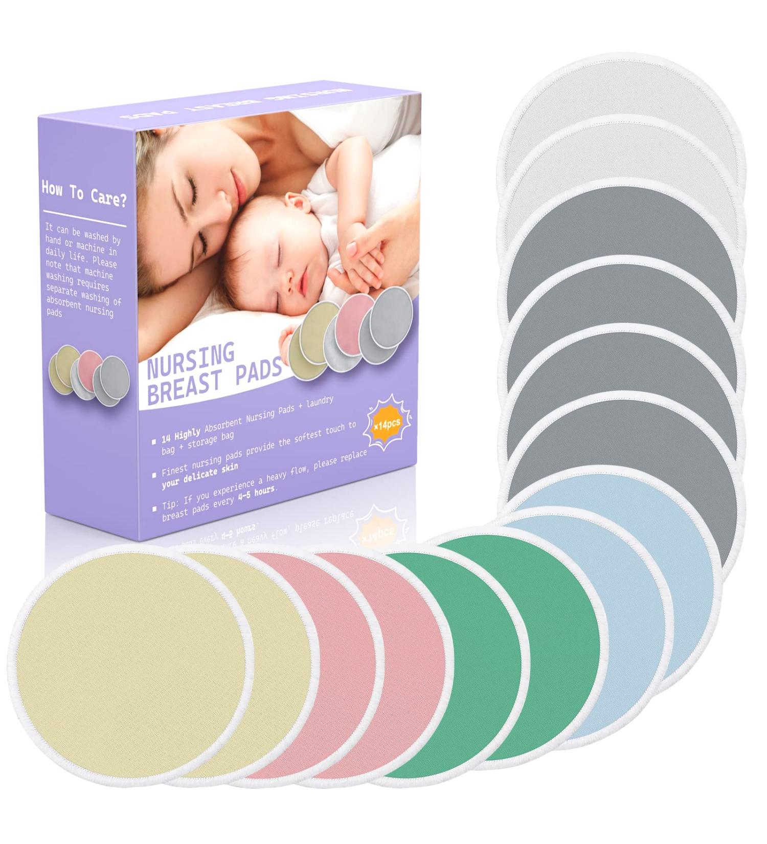 Organic Bamboo Nursing Breast Pads - 14 Pack for Breastfeeding and Maternity | Reusable, Washable, Soft & Natural | Large Nipple Pads for New Moms - Multicolor Set with Laundry Bag - Buy Online on SooperMarket.com