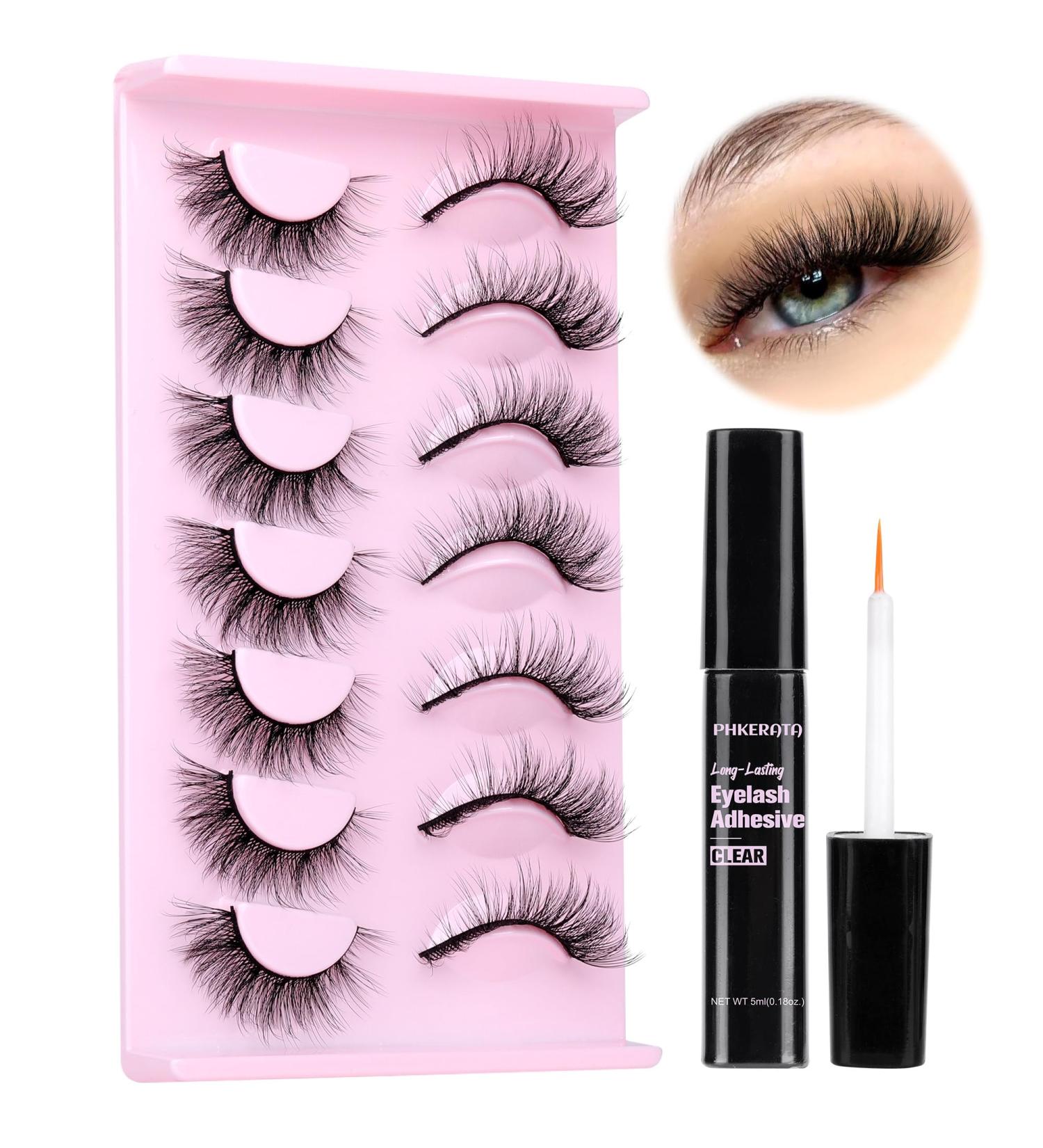PHKERATA 15MM Wispy Cat Eye False Eyelashes Kit - 7 Pairs + 5ML Glue for Natural, Fluffy Look - Buy Online on SooperMarket.com