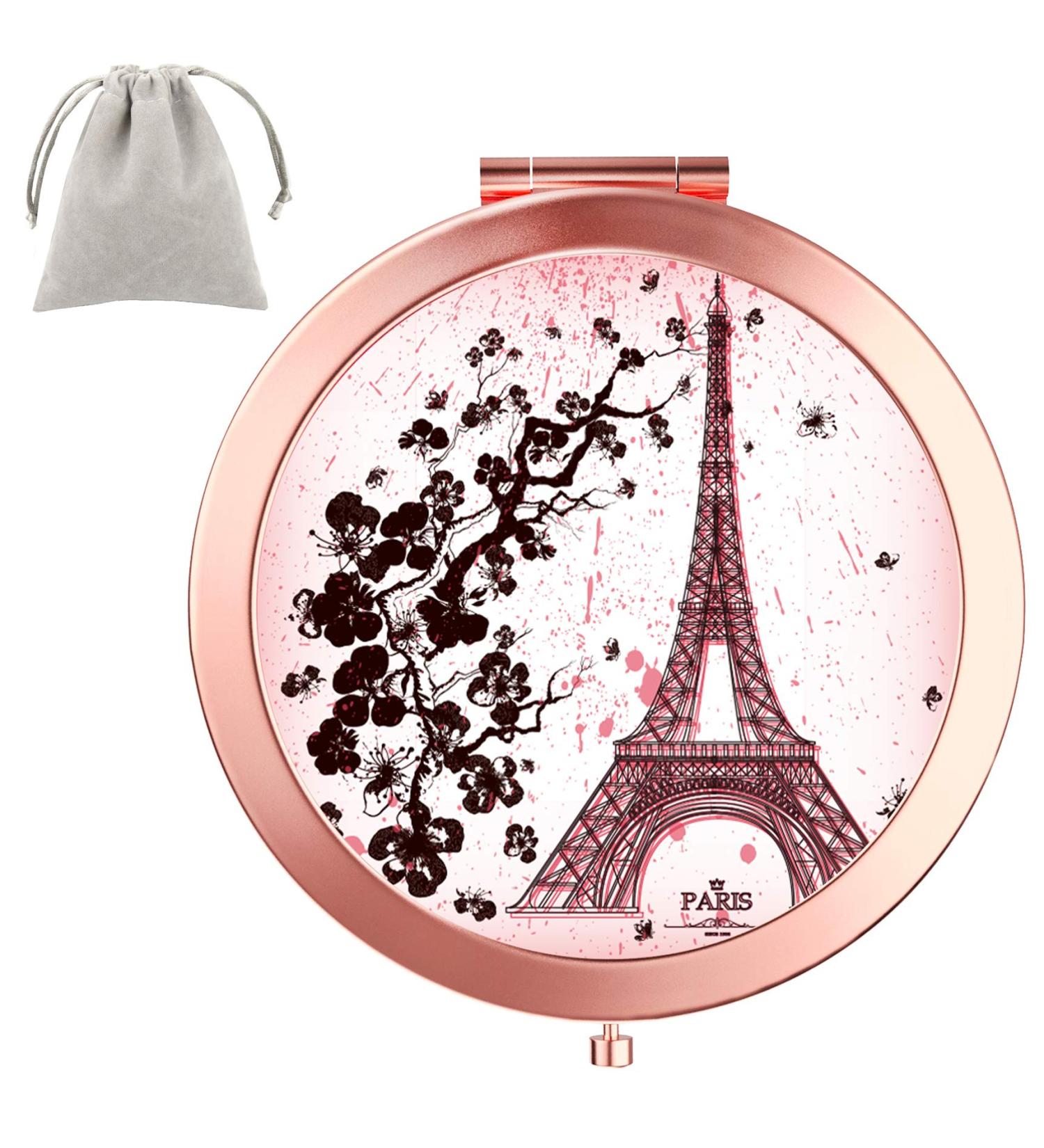 Dynippy Round Rose Gold Compact Mirror - Double-Sided Magnification for Woman, Mother, Kids - Portable Hand Mirror - Great Gift (Eiffel Tower) - Buy Online on SooperMarket.com