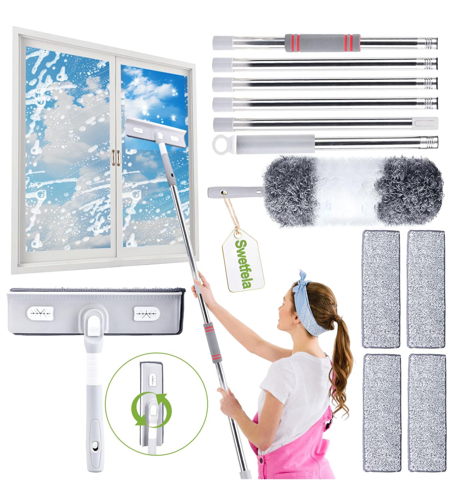 4-In-1 Window Cleaning Kit | 360 Rotation, Telescopic Pole, 4 Window Wipes & Duster | Indoor & Outdoor Use - Buy Online on SooperMarket.com