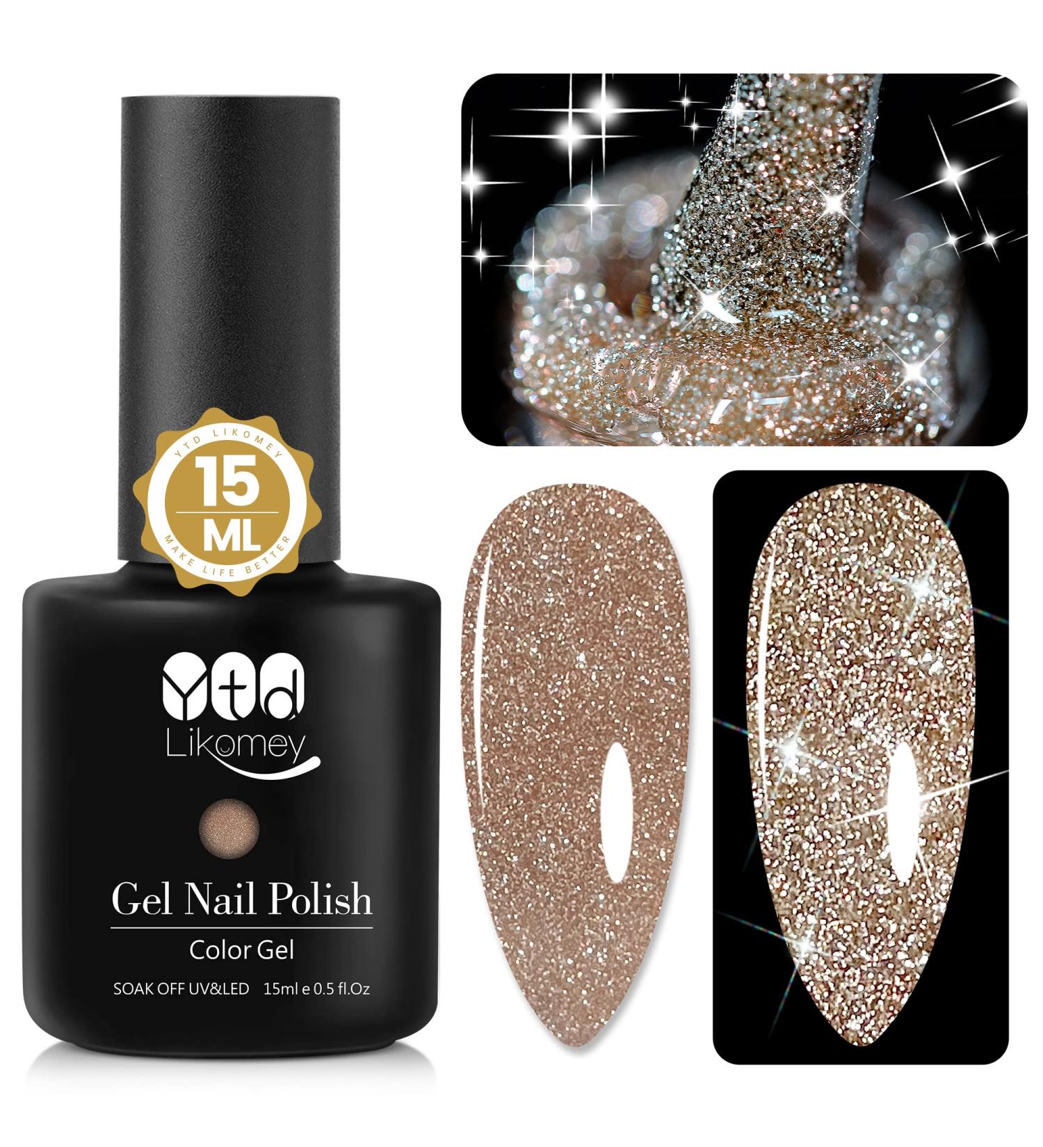 YTD Likomey Reflective Glitter Gel Nail Polish 15ml - Champagne Gold Sparkly Disco DJ Nail Gel - UV Soak Off Varnish for Salon & DIY Manicure - Buy Online on SooperMarket.com