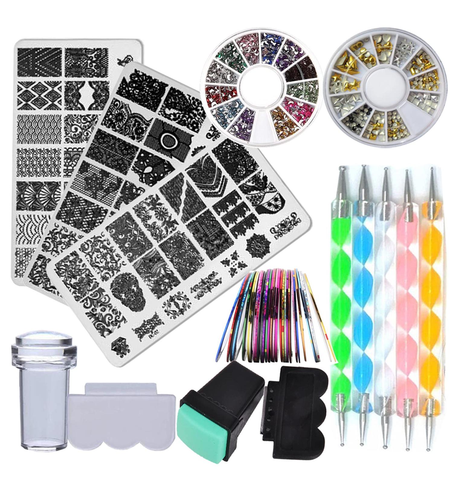 Floral & Geometric Nail Art Stamping Kit with Rhinestones & Mandala Dotting Pen - Manicure DIY Set - Buy Online on SooperMarket.com