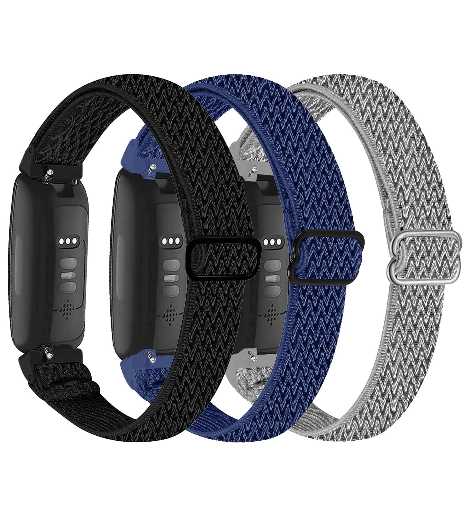 3-Pack Elastic Nylon Bands for Fitbit Inspire 3/2/HR/Ace 3/2 - Adjustable Breathable Replacement Straps in Black, Midnight Blue, Gray - Buy Online on SooperMarket.com