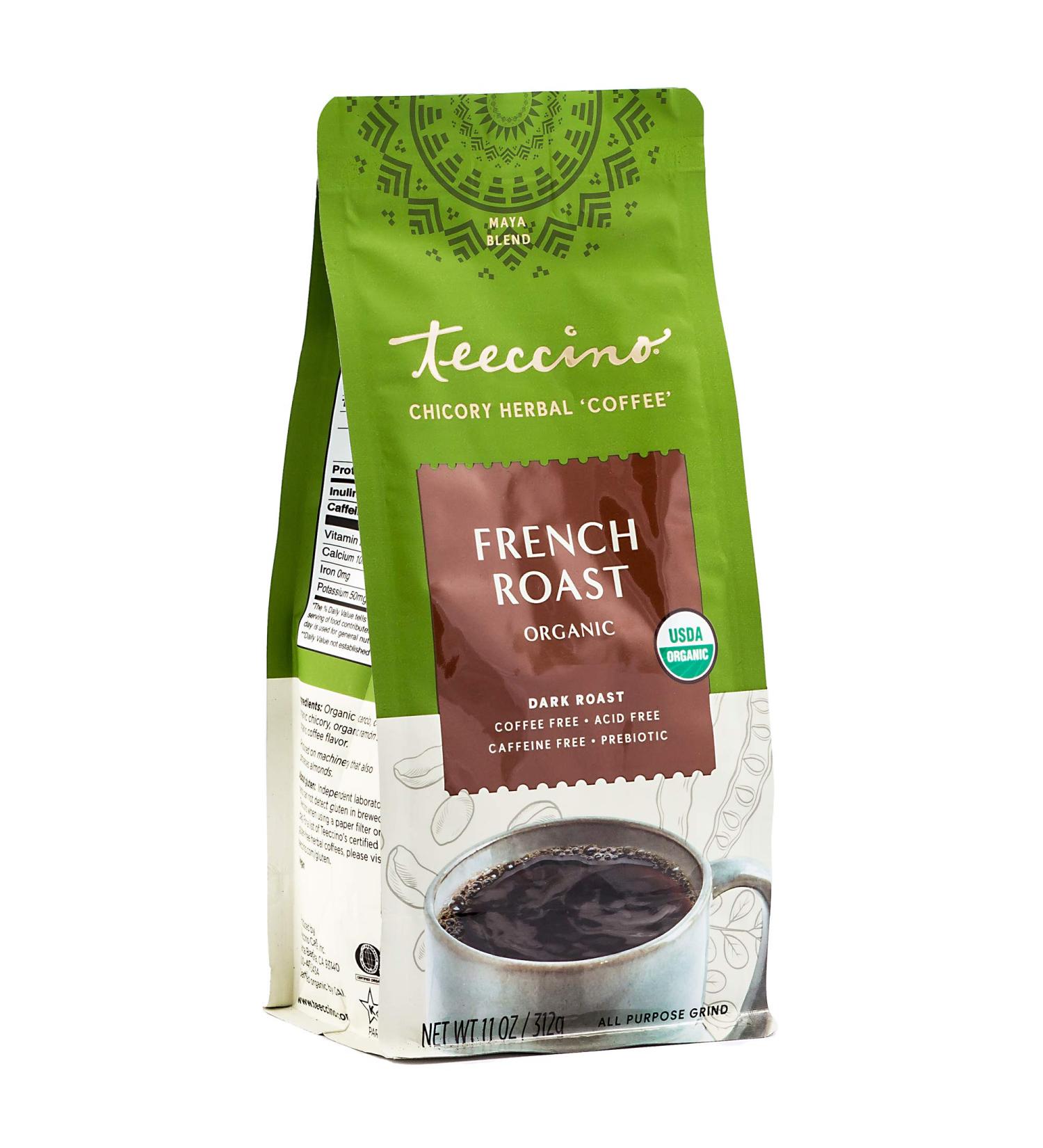 Teeccino French Roast Ground Herbal Coffee 11oz | Caffeine-Free & Prebiotic | Acid-Free Dark Roast - Buy Online on SooperMarket.com