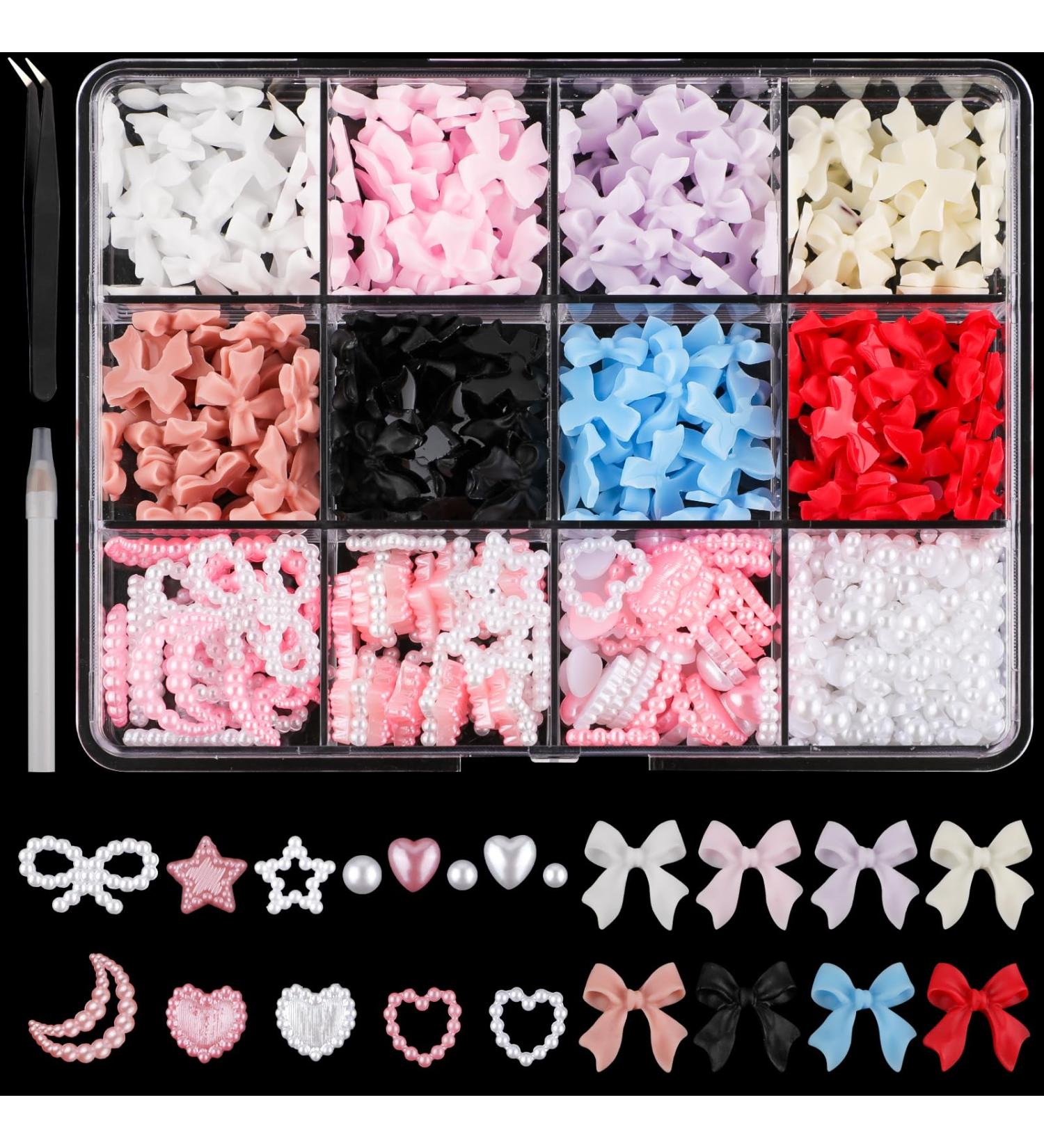 500pcs 3D Nail Charms Assorted Color Multi Shapes Mix Bow Nail Charms Cute Pearl Heart Star Moon Bowknot Rhinestones Gems Nail Decorations with Pickup Tool for Women Girls Nail DIY Accessories - Buy Online on SooperMarket.com